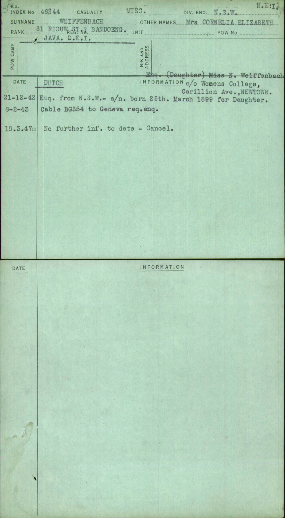 Weiffenbach, Mrs Cornelia Elizabeth, [No Service Number]