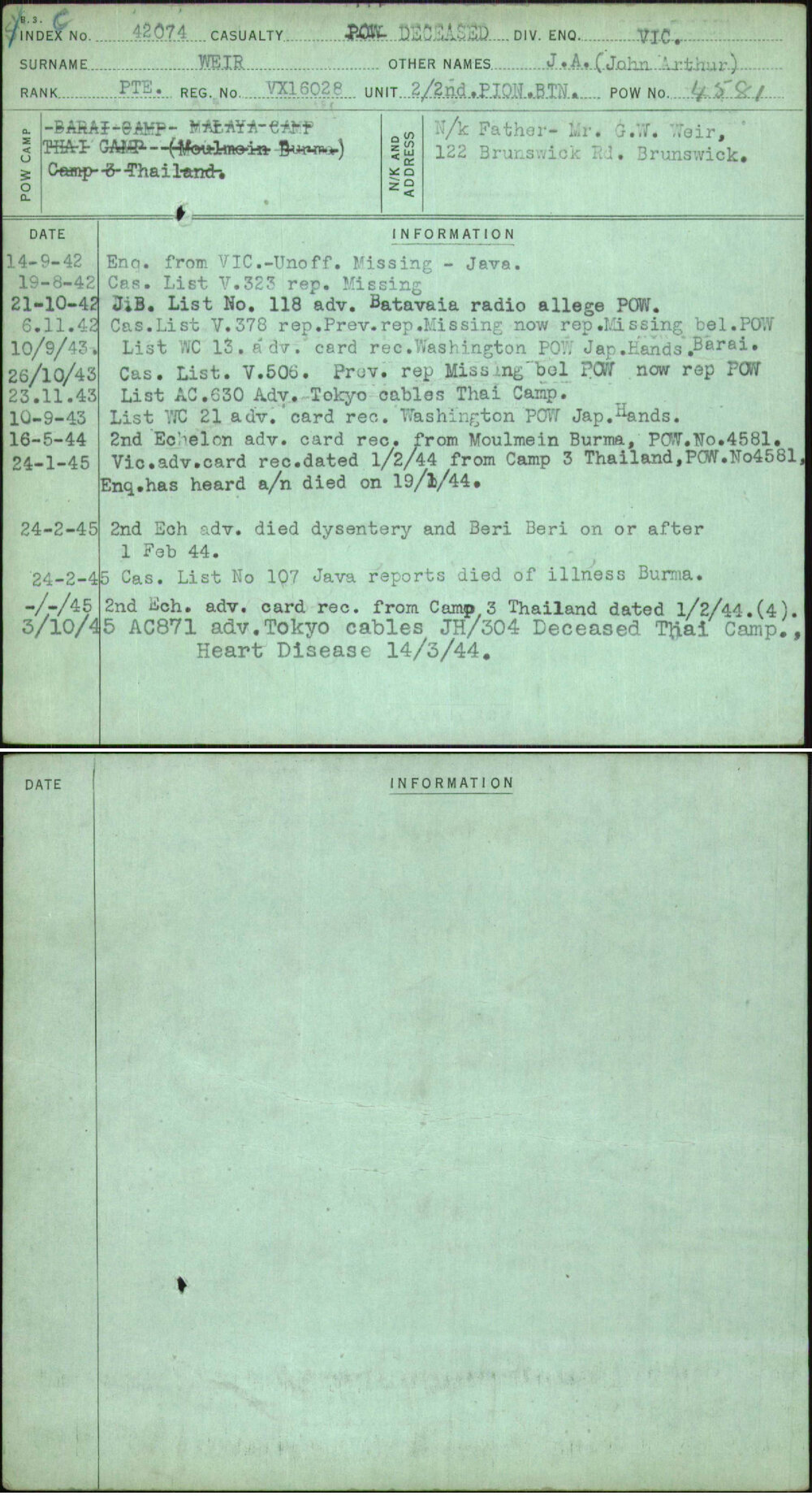 Weir, J A (John Arthur), VX16028