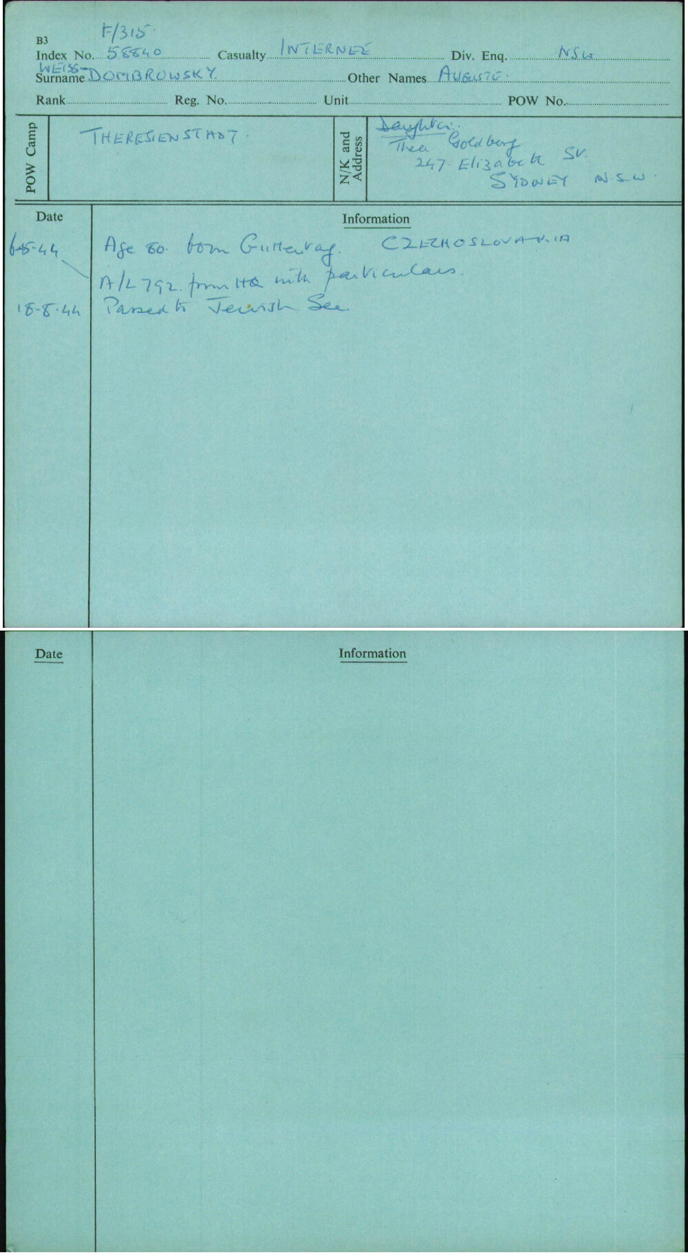 Weiss-Dombrowsky, Auguste, [No Service Number]