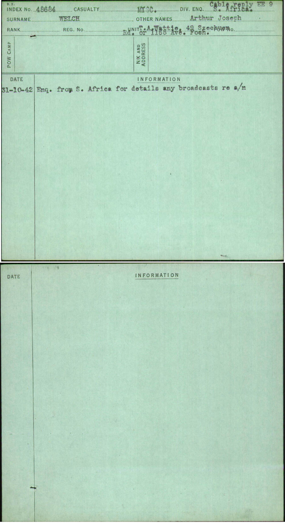 Welch, Arthur Joseph, [No Service Number]