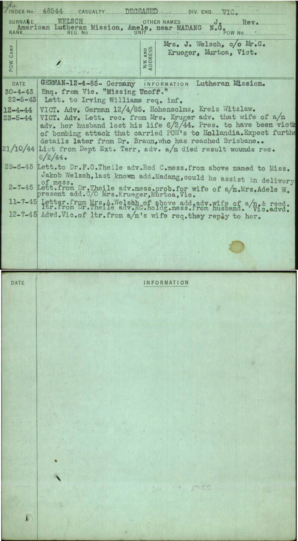 Welsch, J Rev, [No Service Number]