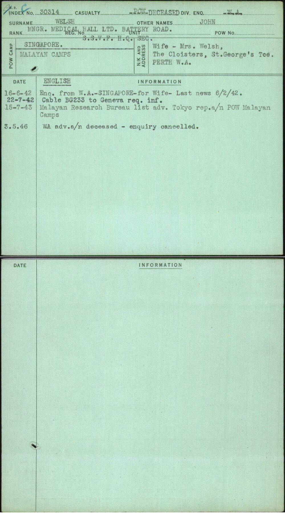 Welsh, John, [No Service Number]