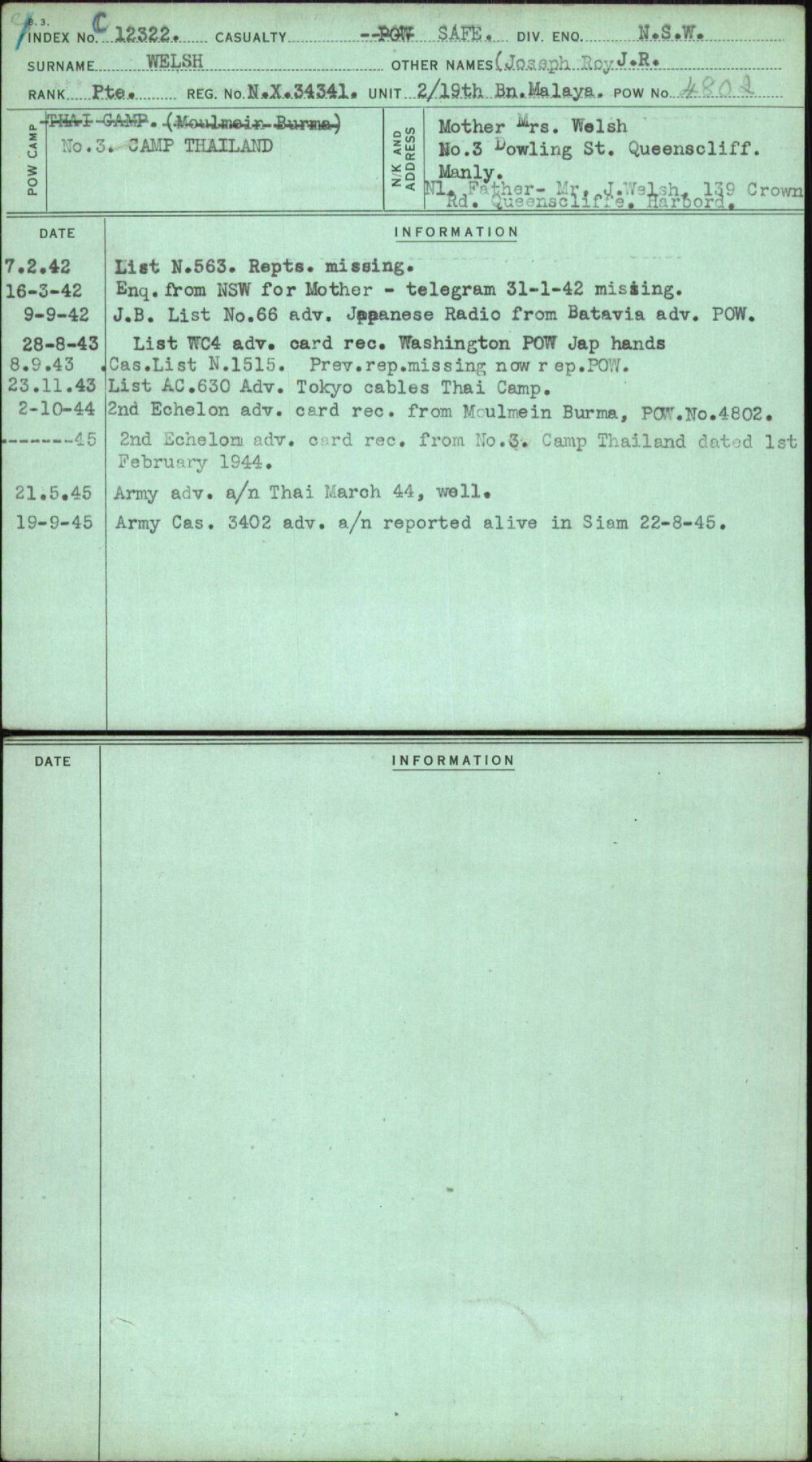 Welsh, (Joseph Roy J R, NX34341