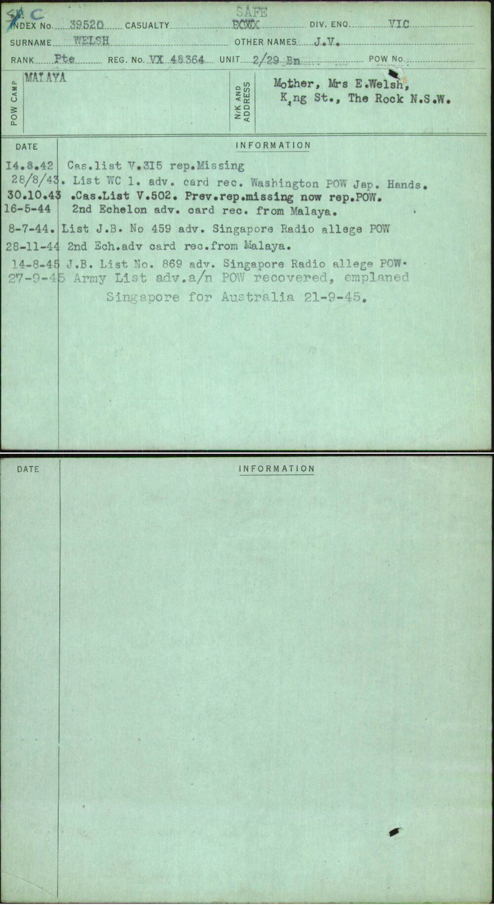 Welsh, J V, VX48364