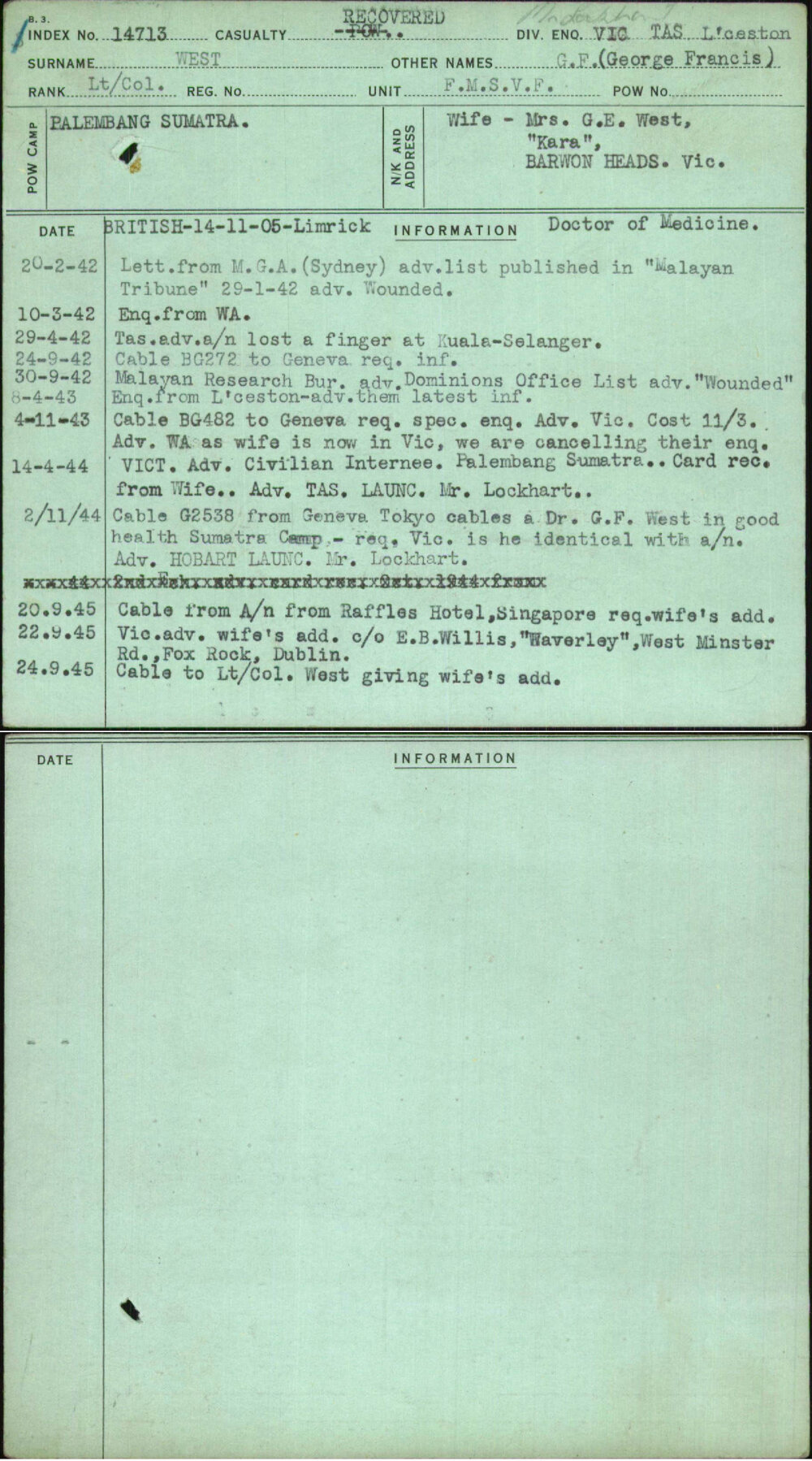 West, G F (George Francis), [No Service Number]