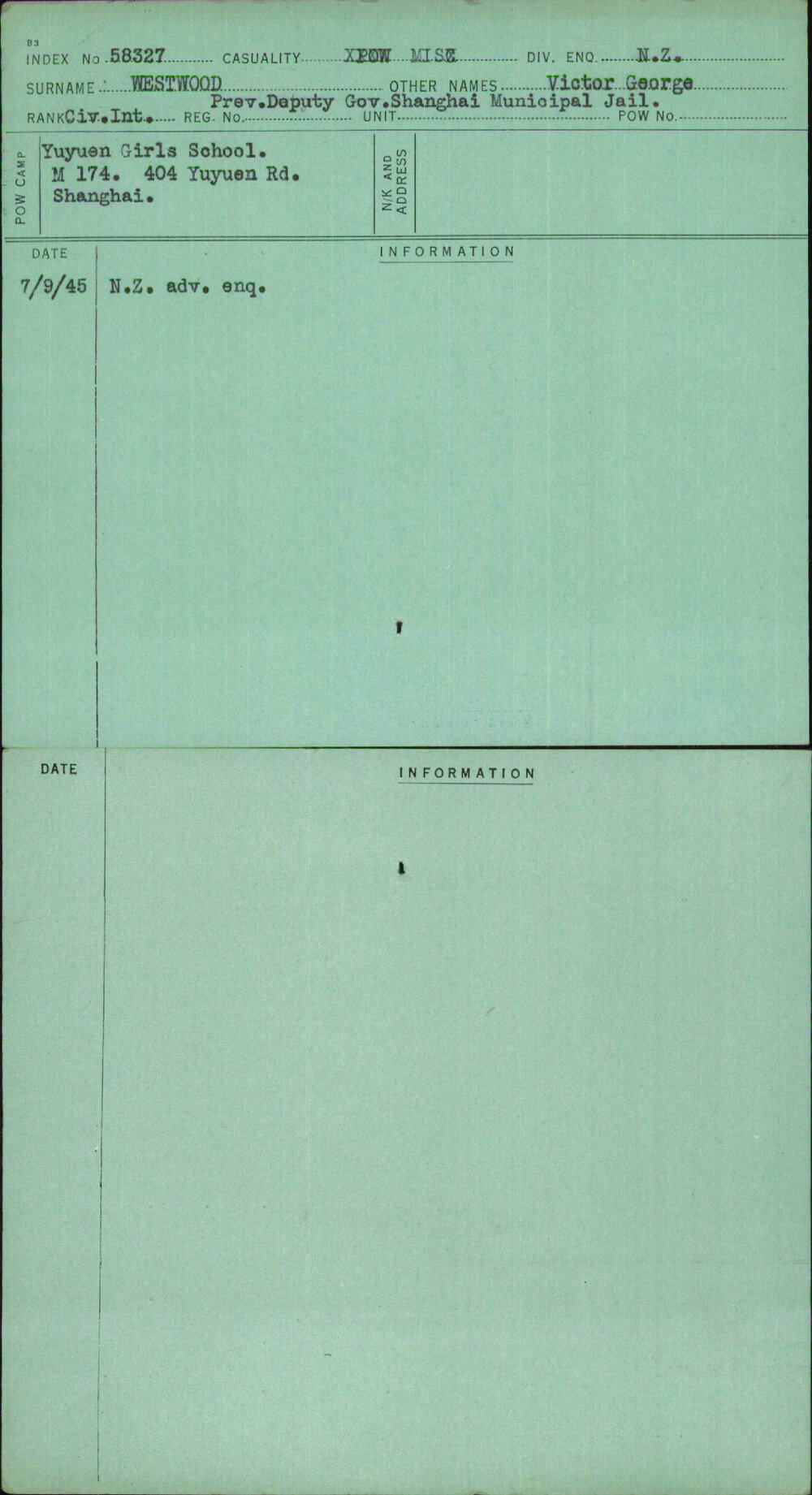 Westwood, Victor George, [No Service Number]