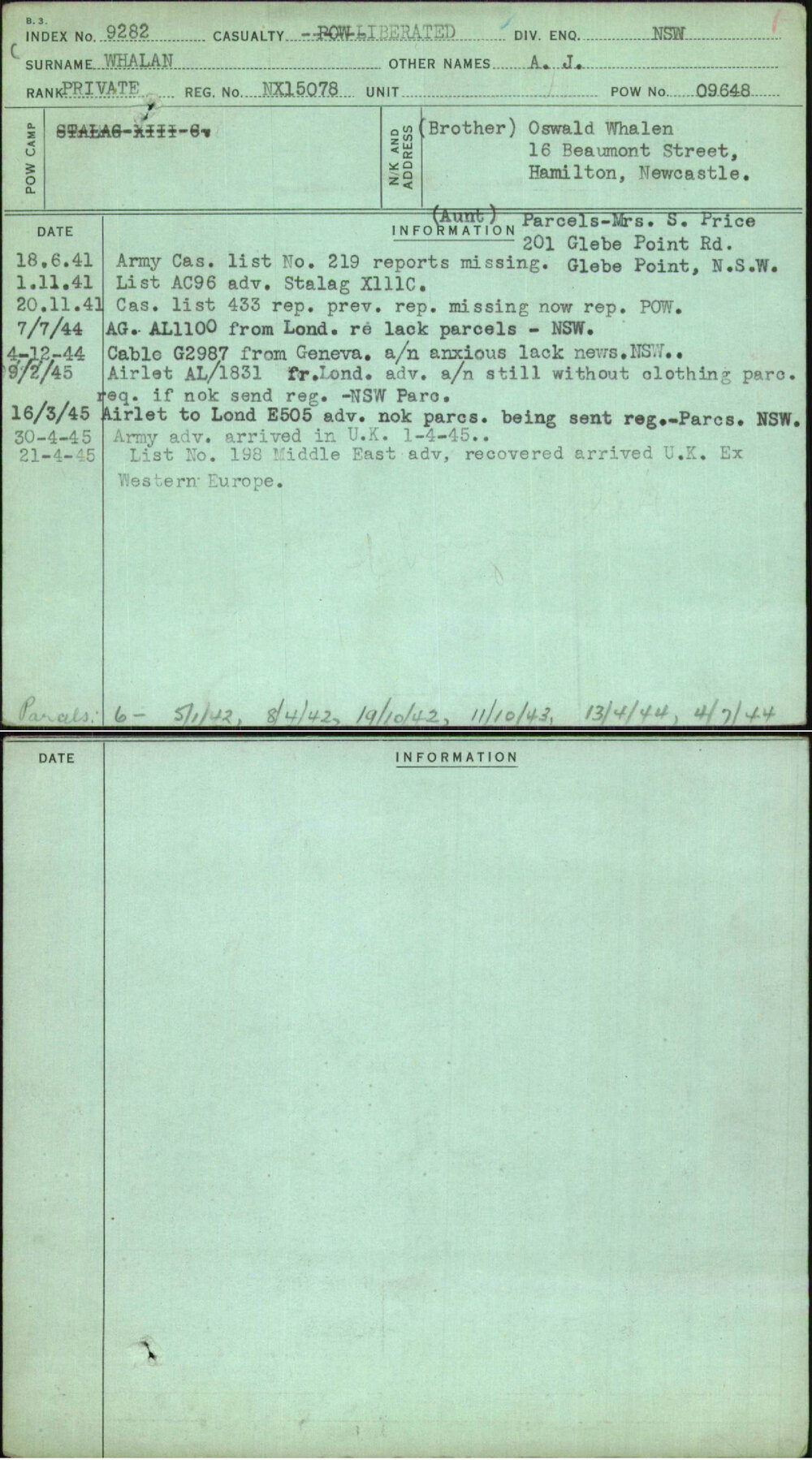 Whalan, A J, NX15078