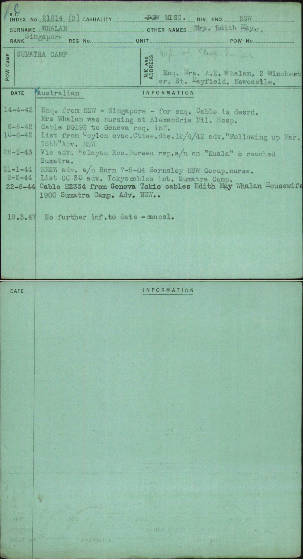 Whalan, Mrs Edith May, [No Service Number]