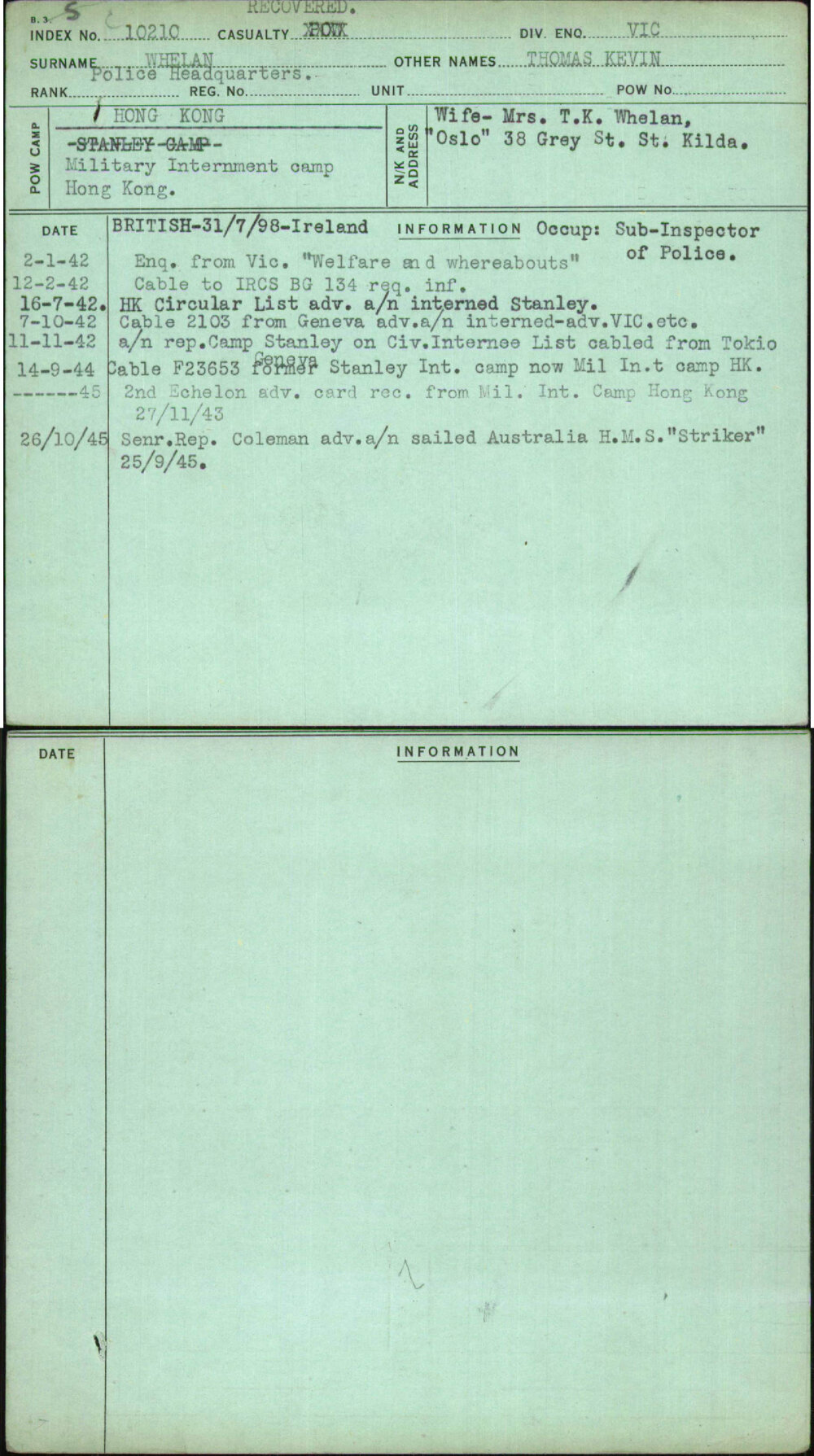 Whelan, Thomas Kevin, [No Service Number]