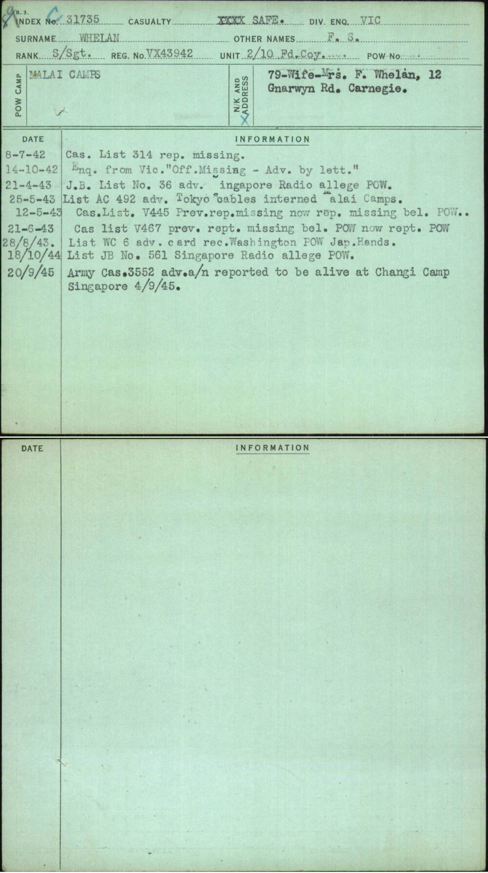 Whelan, F S, VX43942