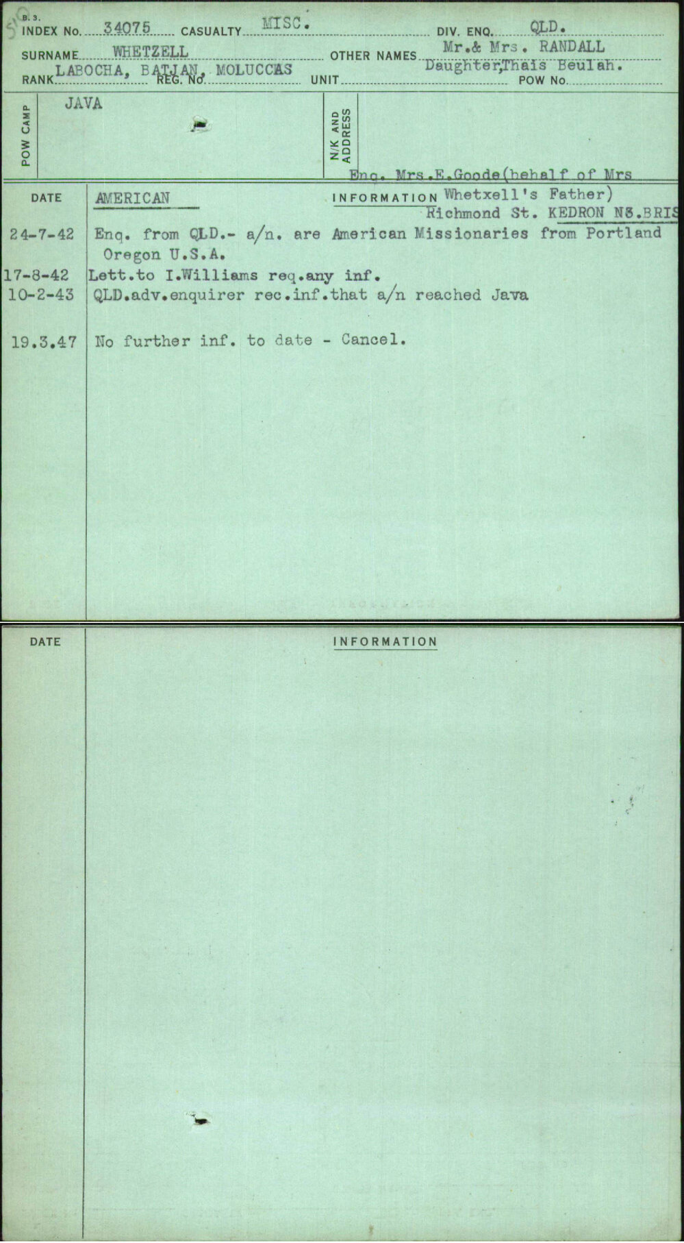 Whetzell, Mr &amp; Mrs Randall, [No Service Number]