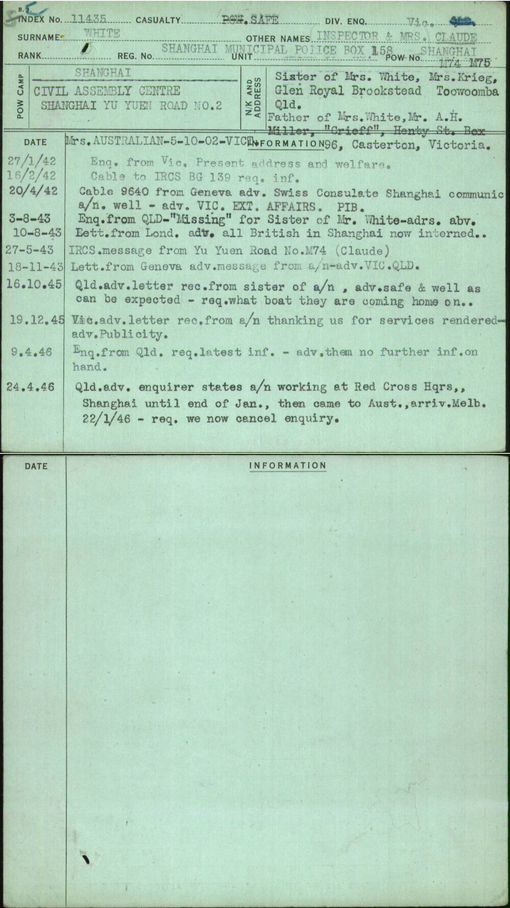 White, Inspector &amp; Mrs Claude, [No Service Number]