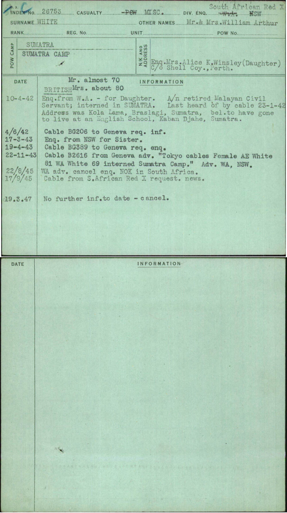 White, Mr &amp; Mrs William Arthur, [No Service Number]