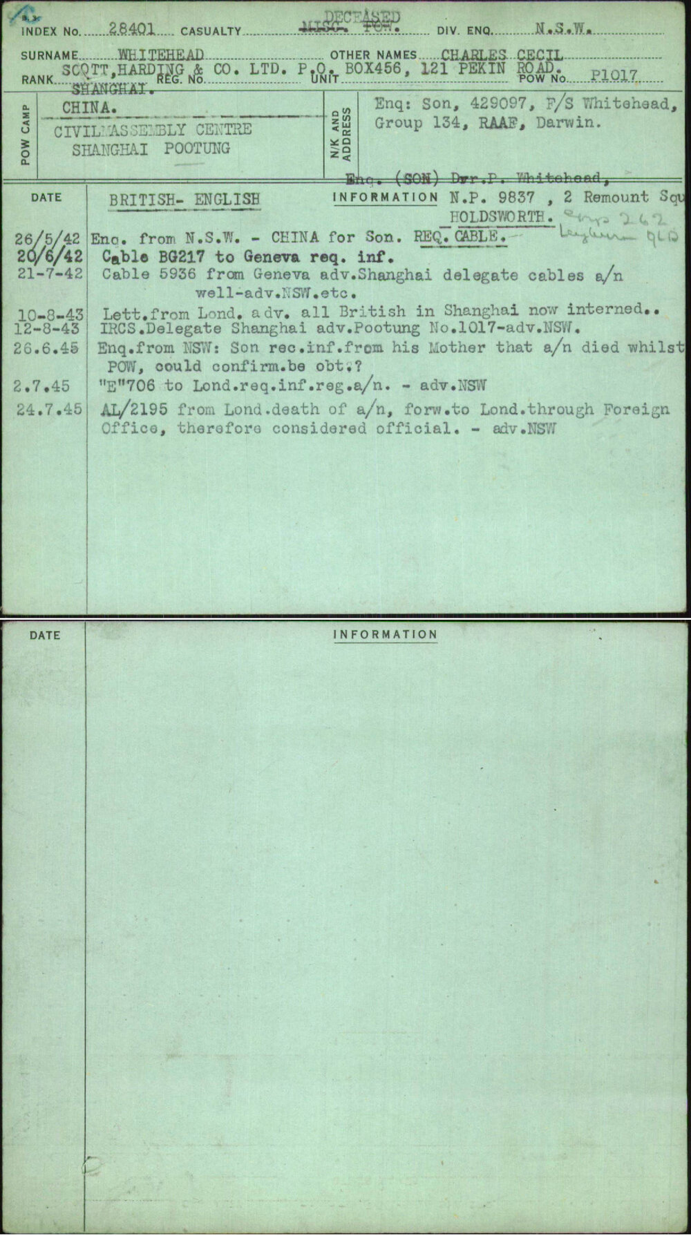 Whitehead, Charles Cecil, [No Service Number]