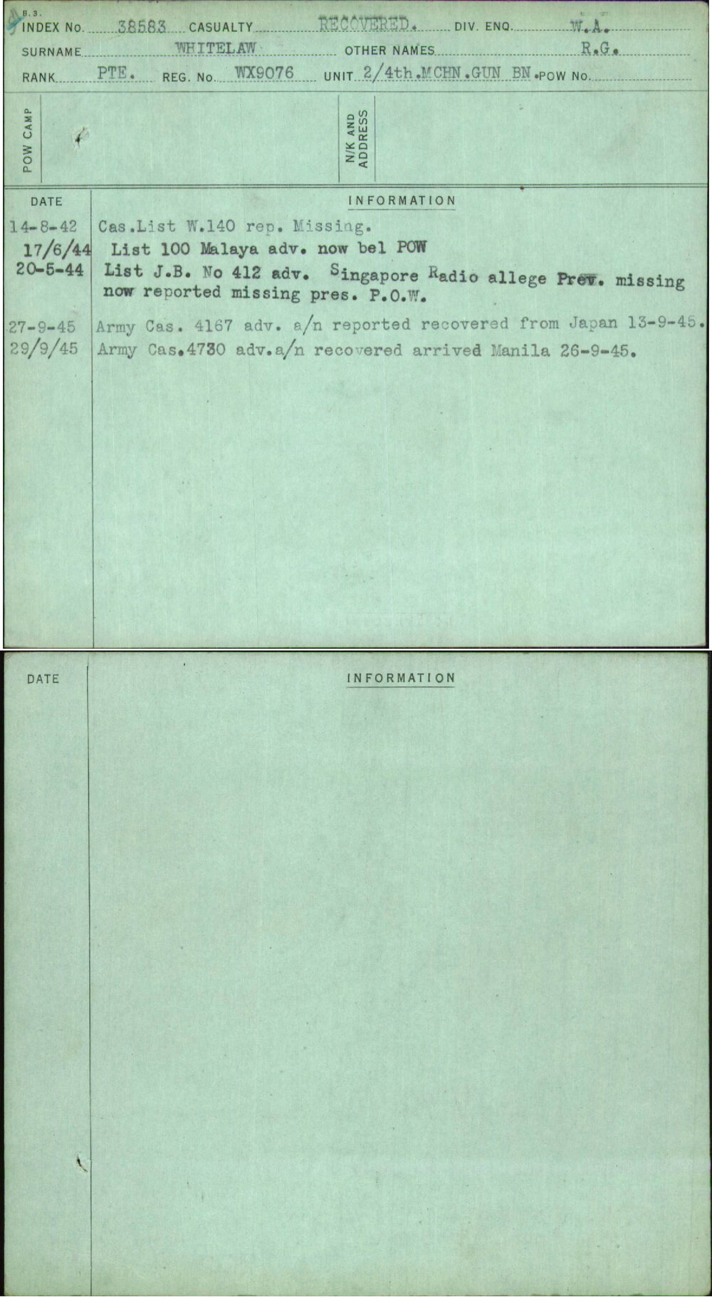 Whitelaw, R G, WX9076