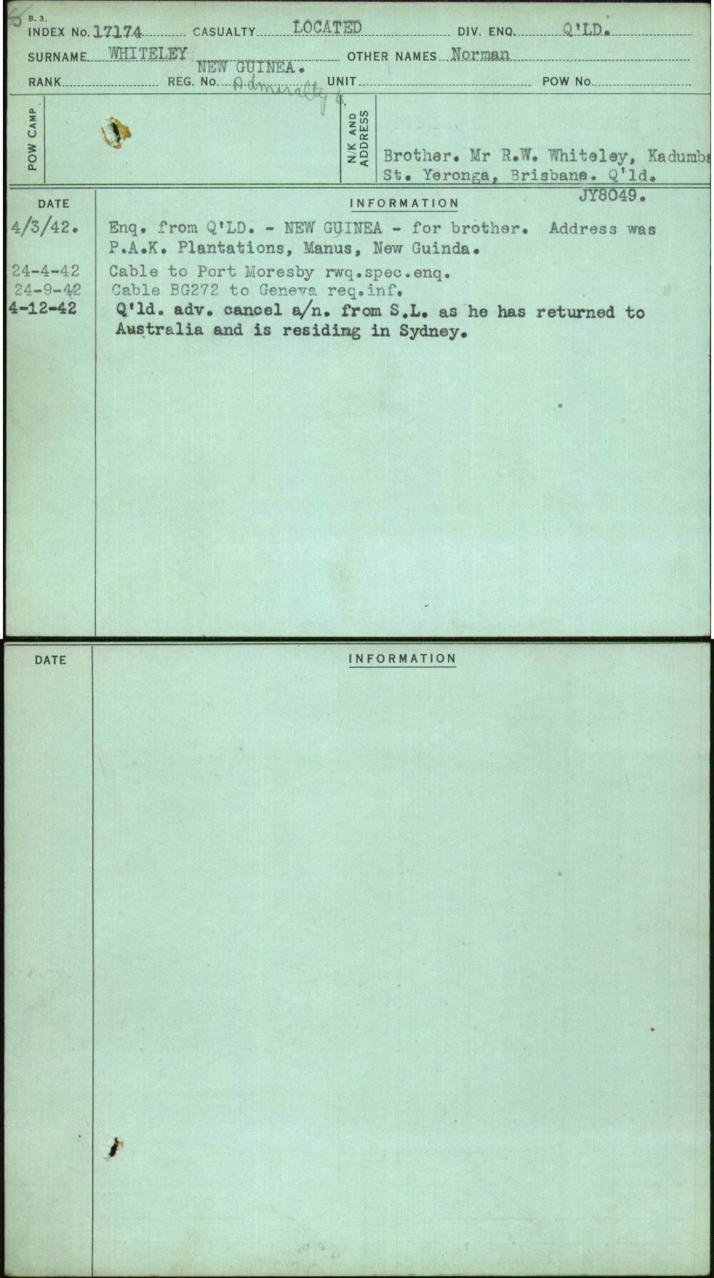 Whiteley, Norman, [No Service Number]