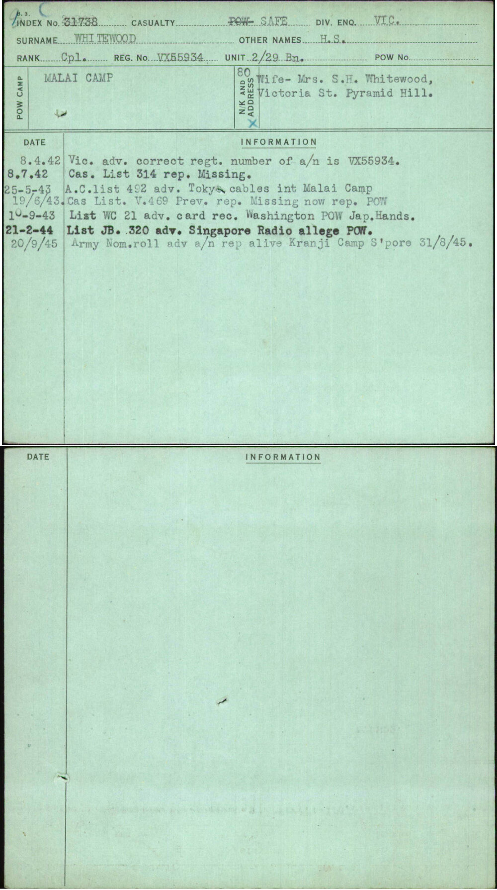 Whitewood, H S, VX55934