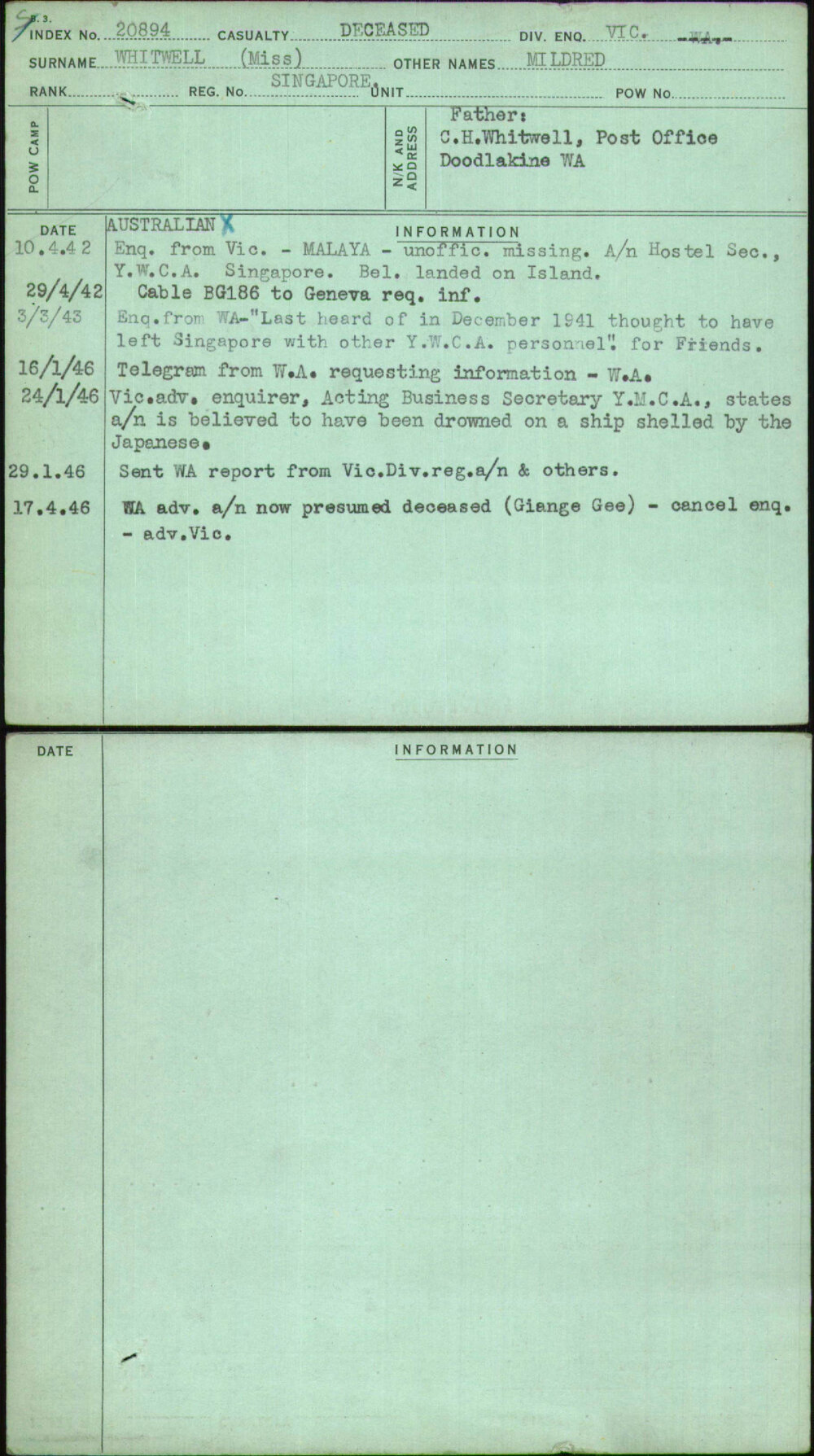 Whitwell (Miss), Mildred, Singapore