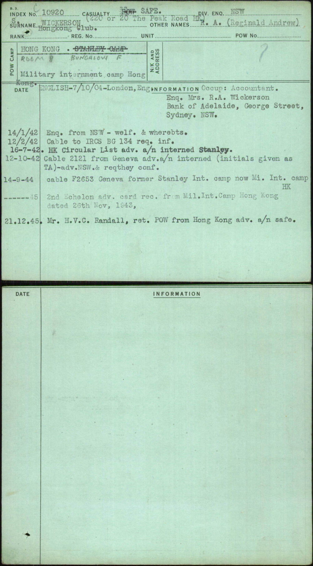 Wickerson, R A (Reginald Andrew), [No Service Number]