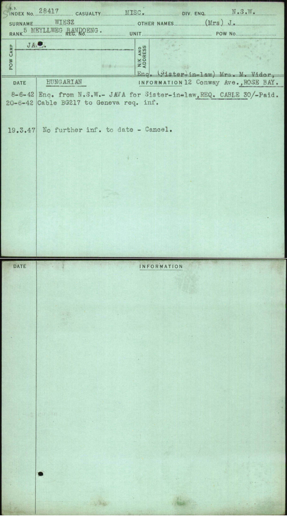 Wiesz, (Mrs) J, [No Service Number]