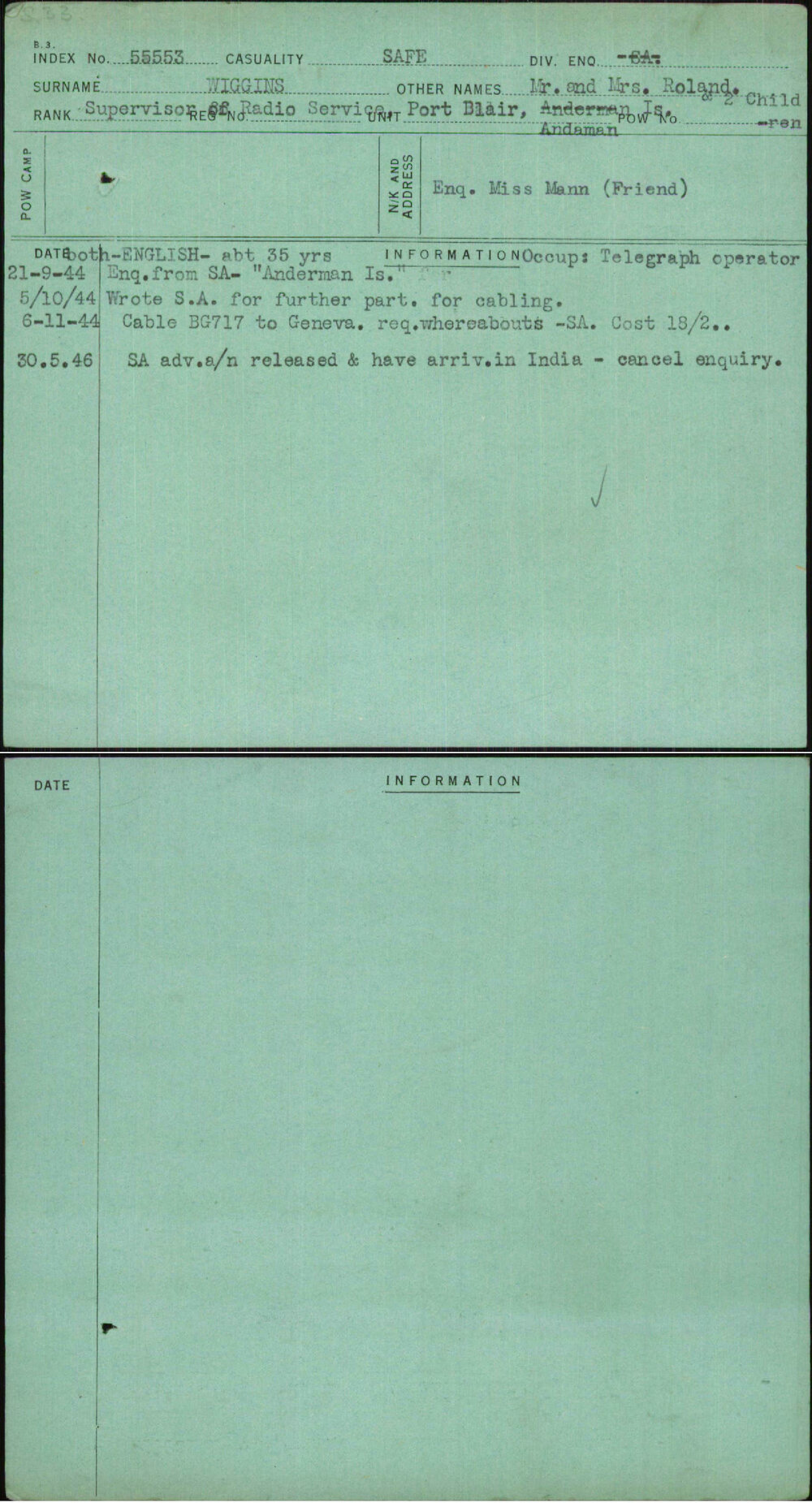 Wiggins, Mr And Mrs Roland, [No Service Number]