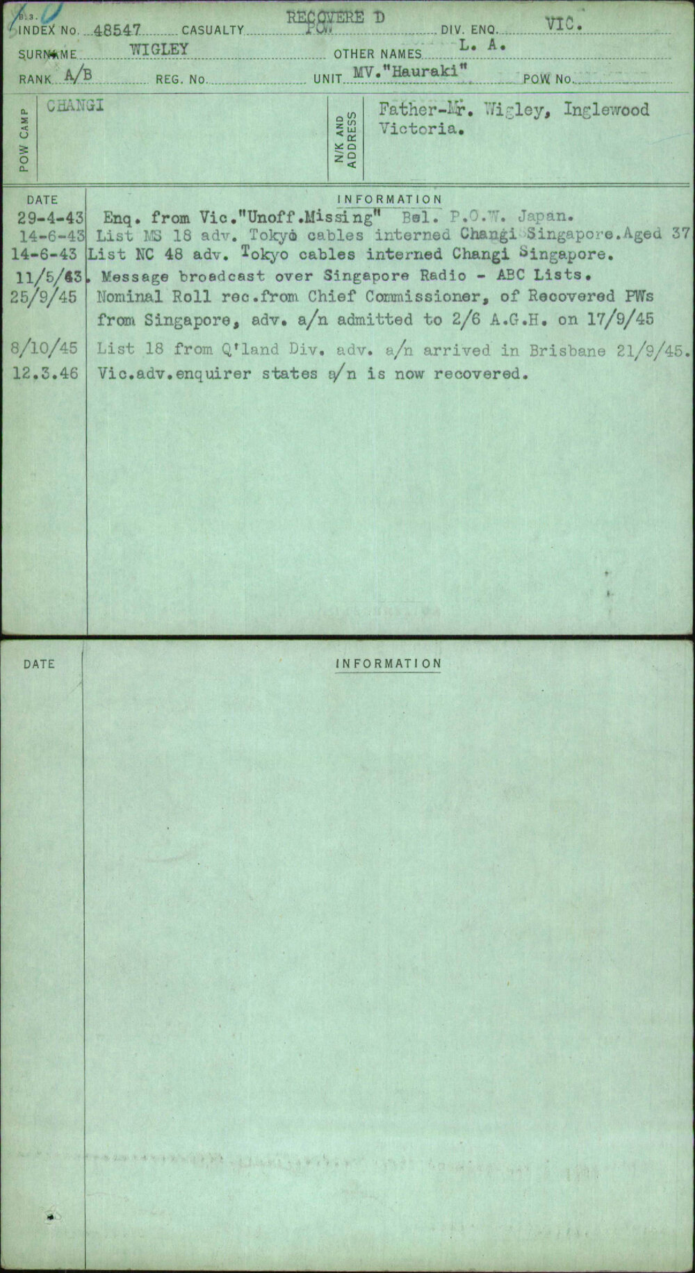 Wigley, L A, [No Service Number]