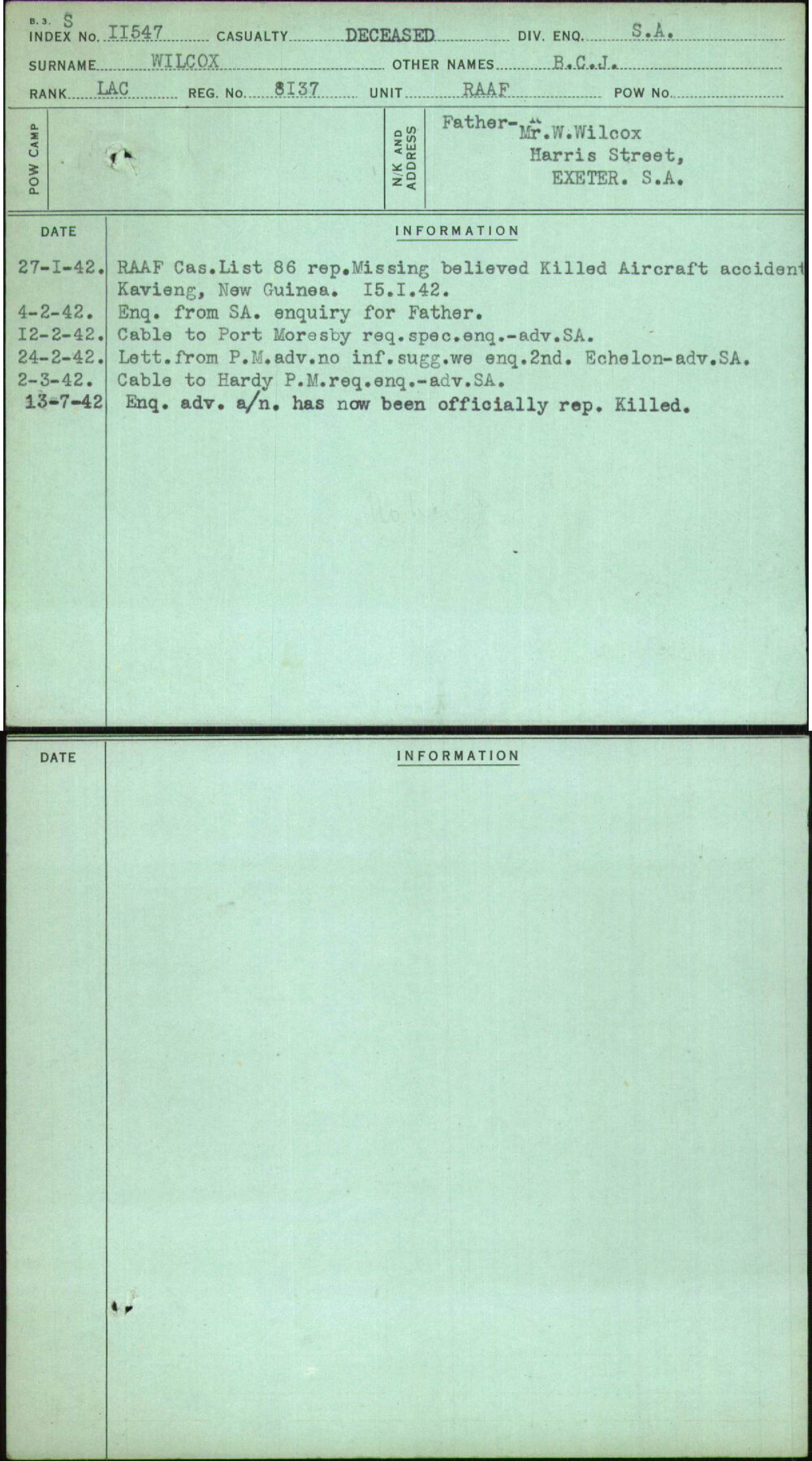 Wilcox, B C J, 8137