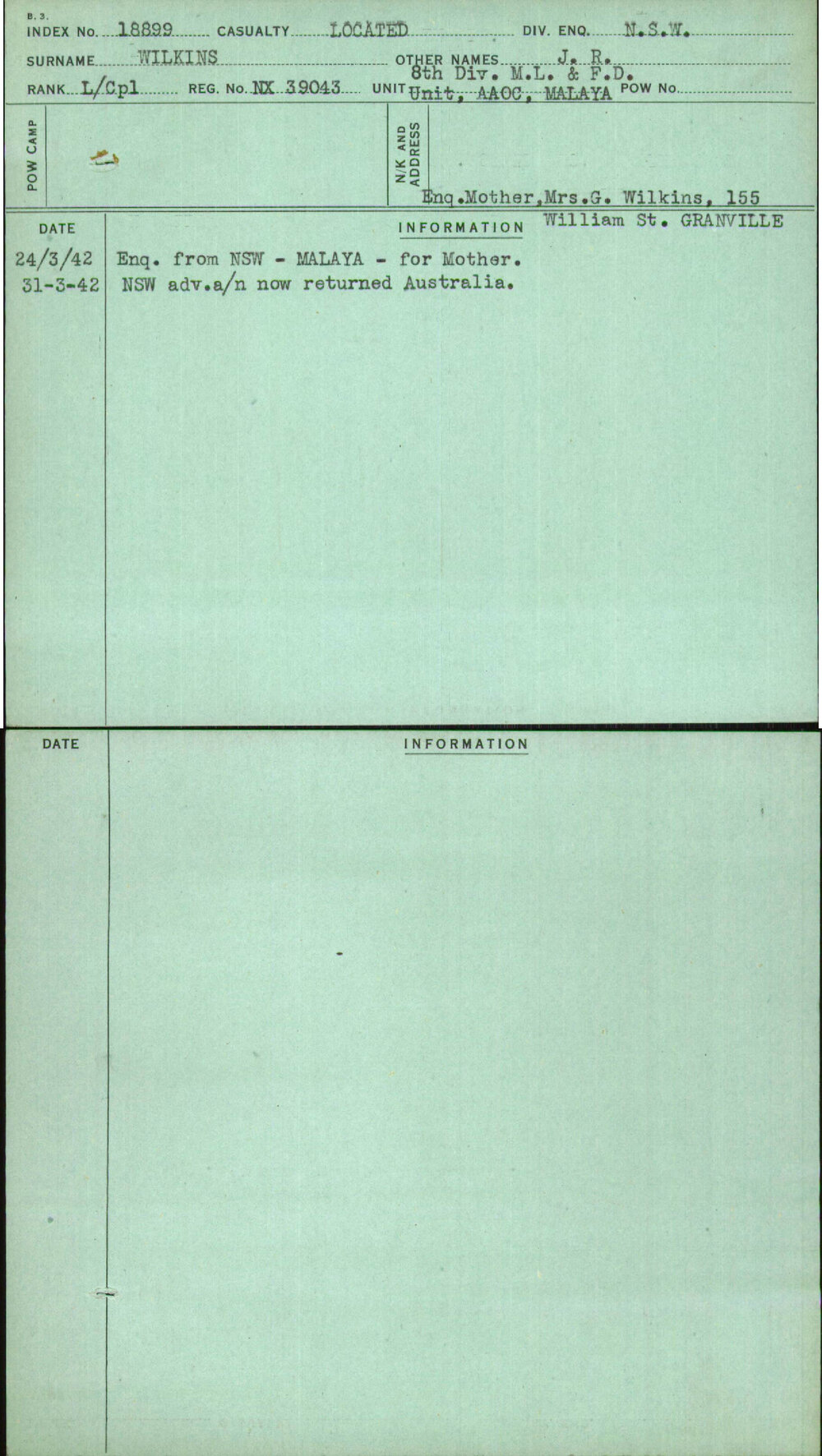 Wilkins, J R, NX39043