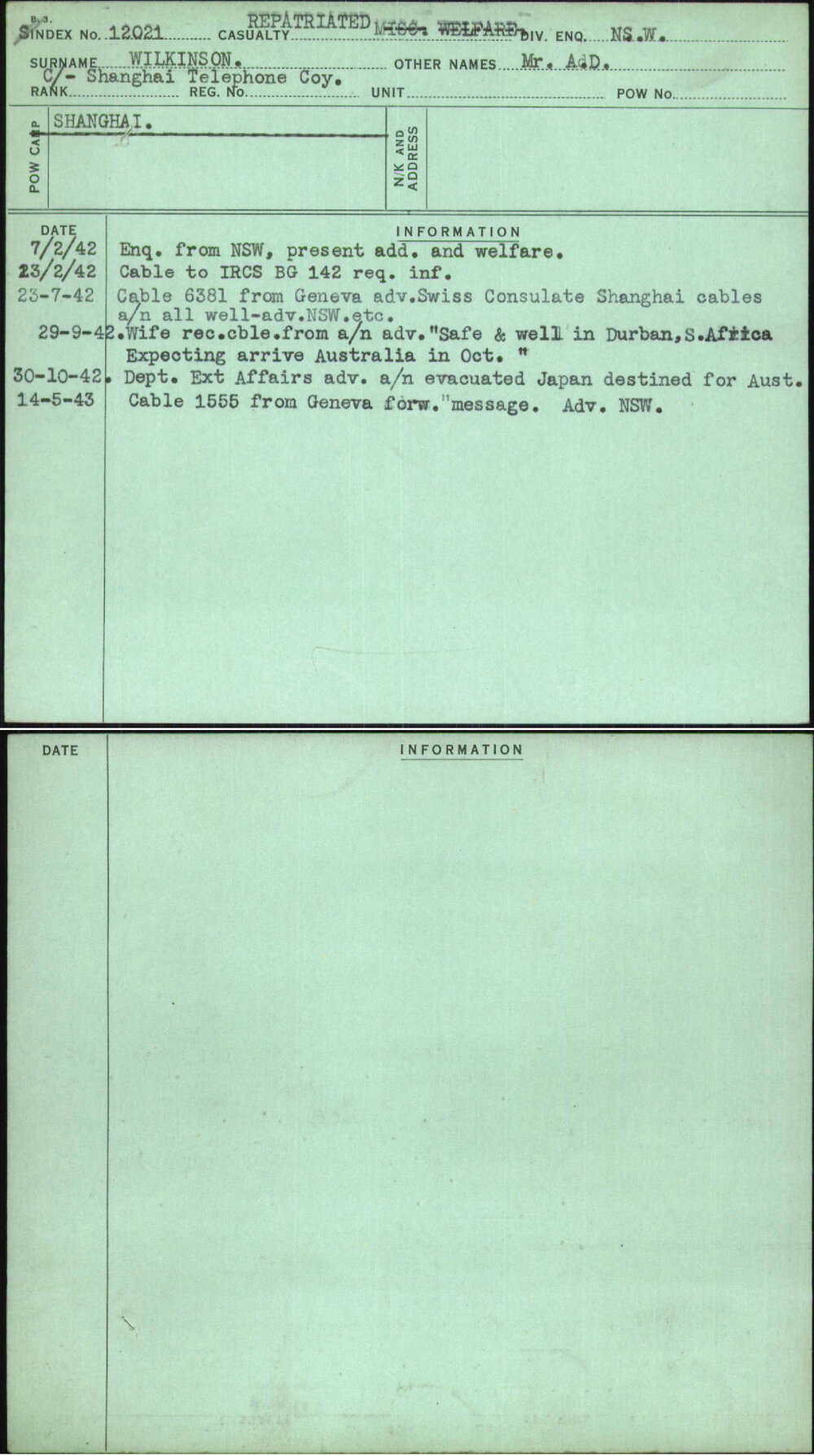 Wilkinson, Mr A D, [No Service Number]