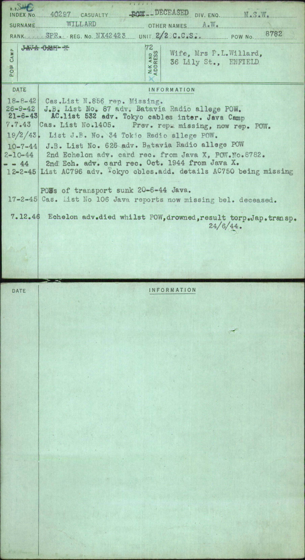 Willard, A W, NX42423