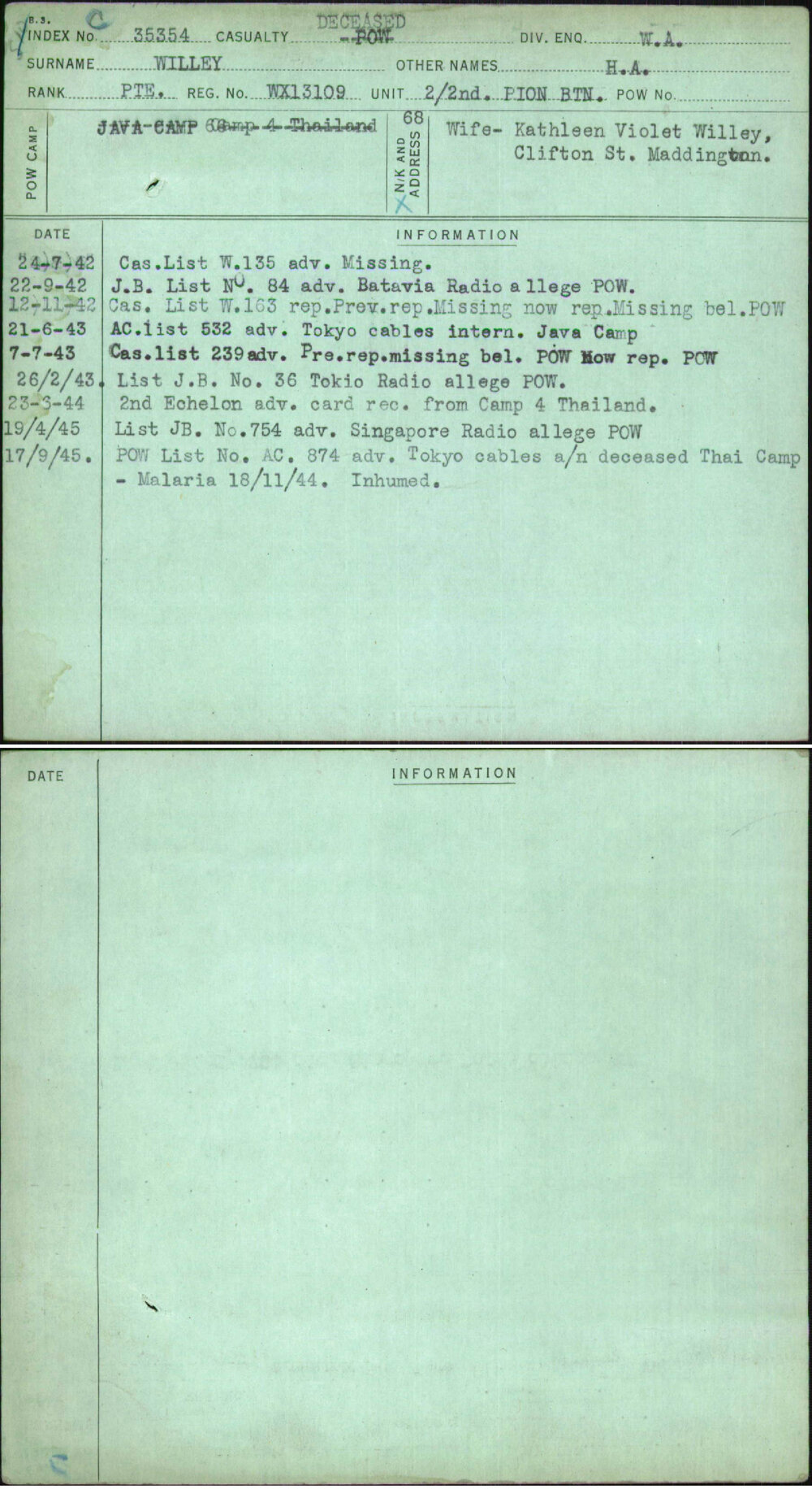 Willey, H A, WX13109