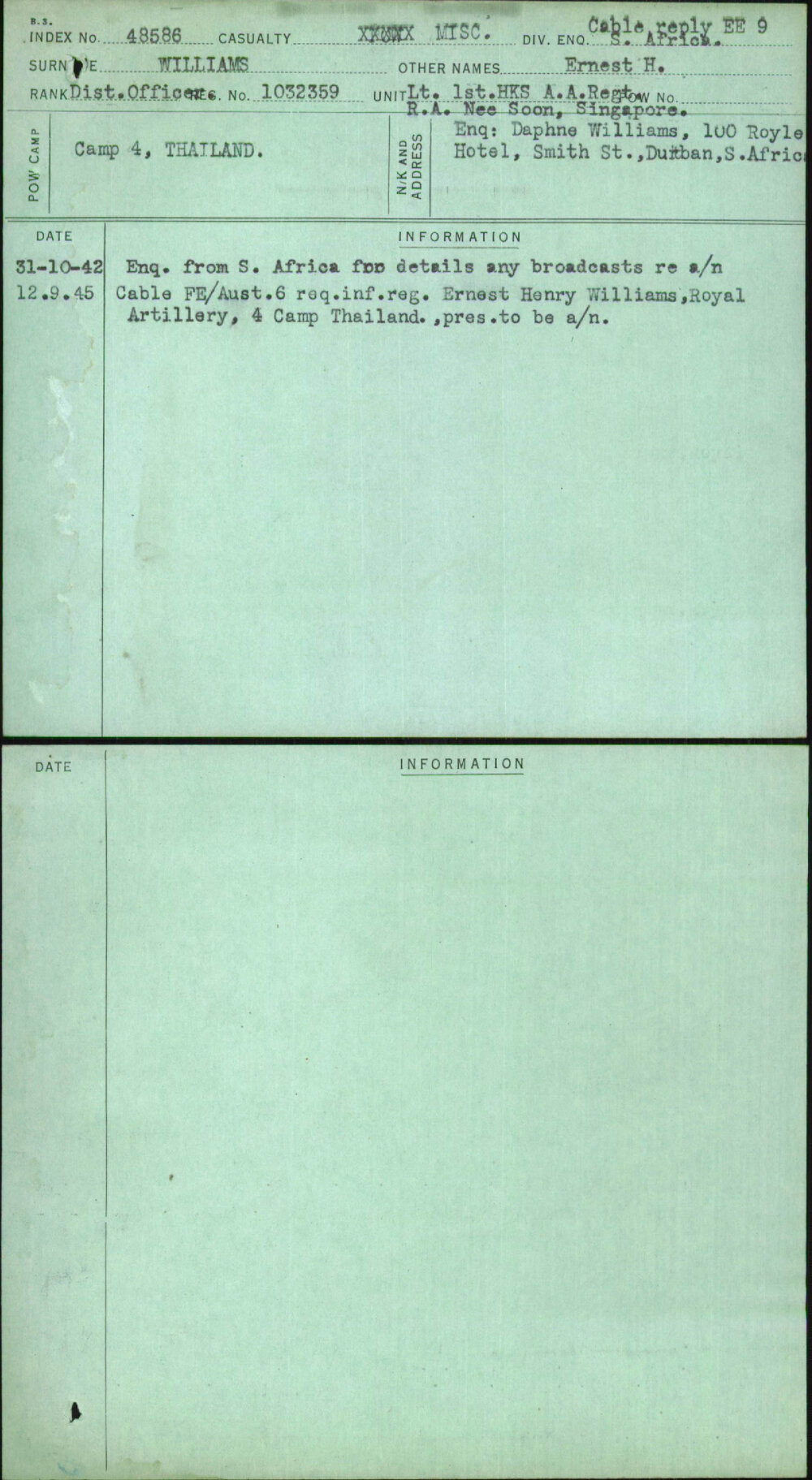 Williams, Ernest H, 1032359