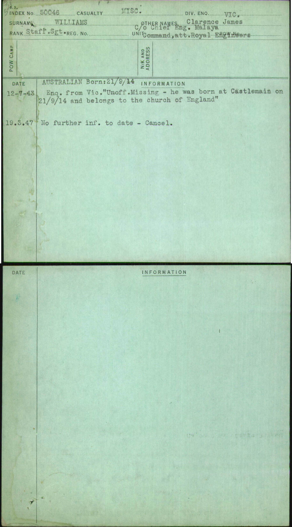 Williams, Clarence James, [No Service Number]
