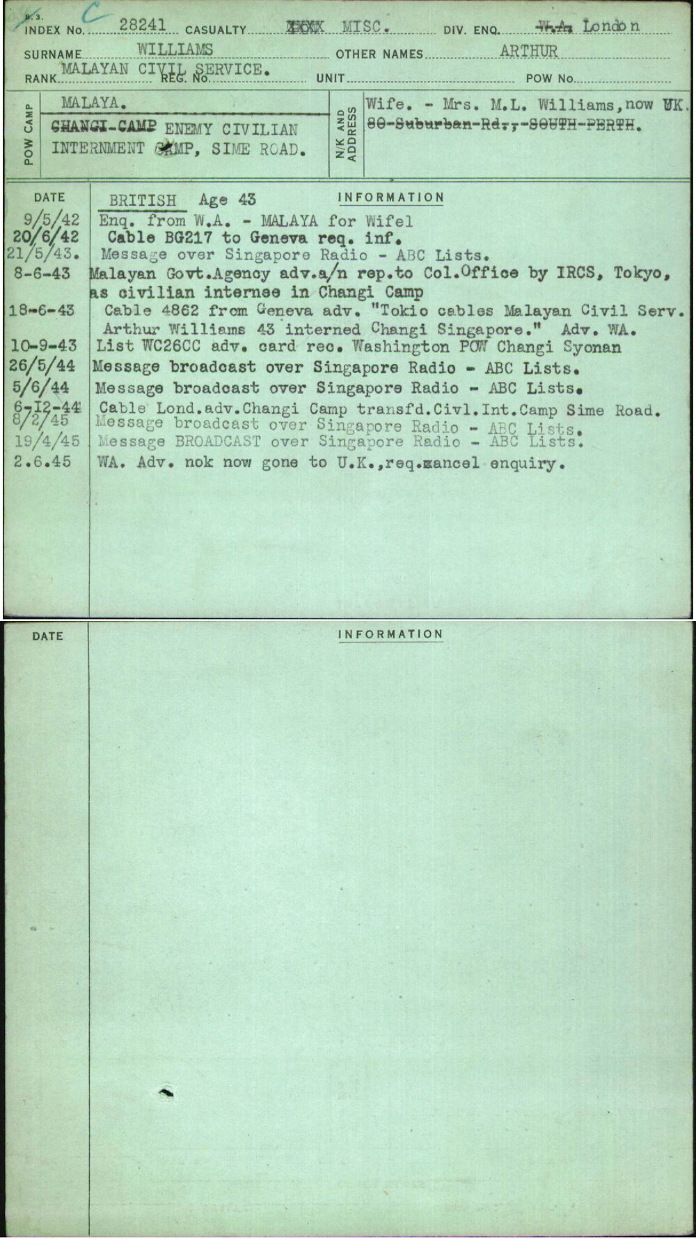 Williams, Arthur, [No Service Number]