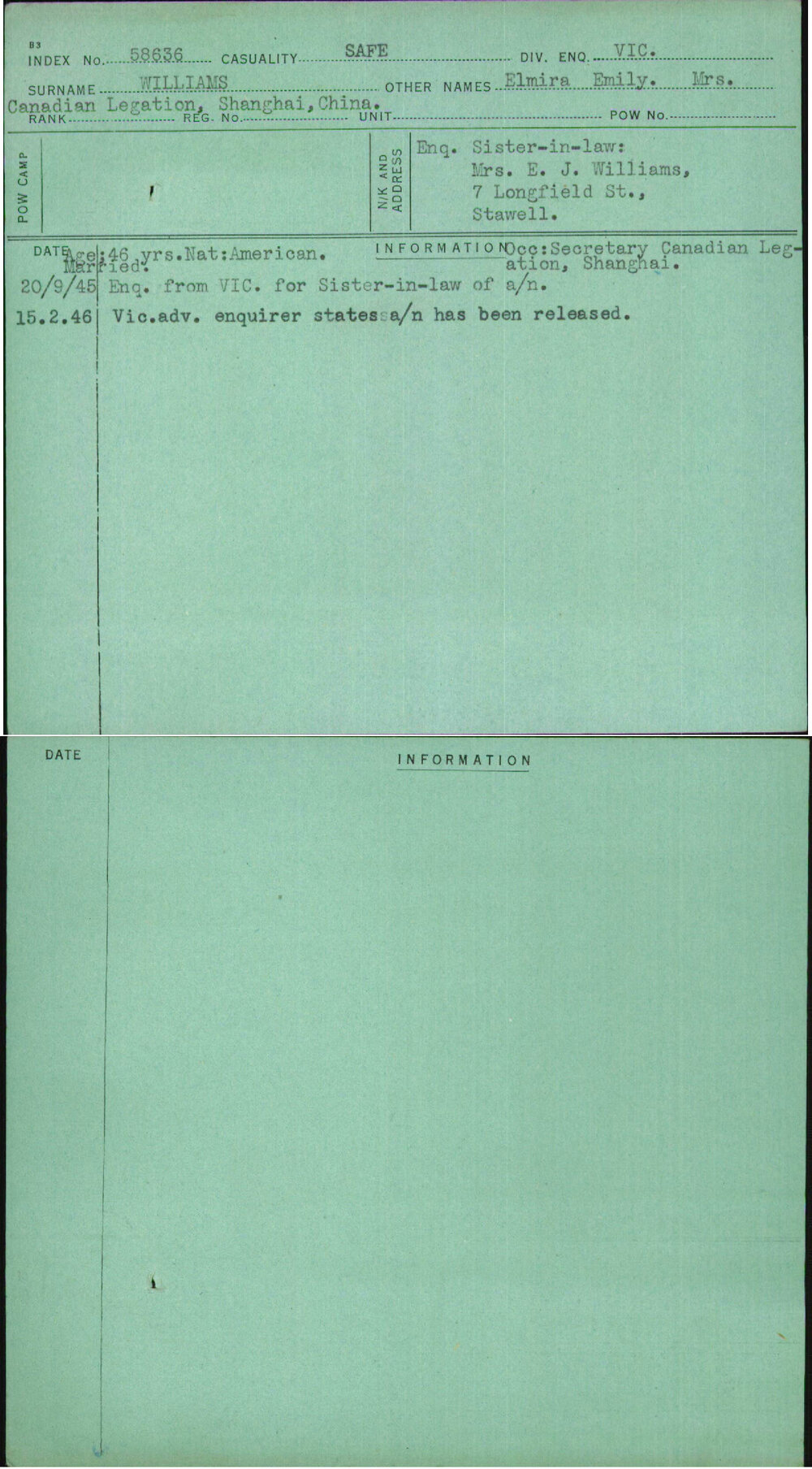 Williams, Elmira Emily Mrs, [No Service Number]