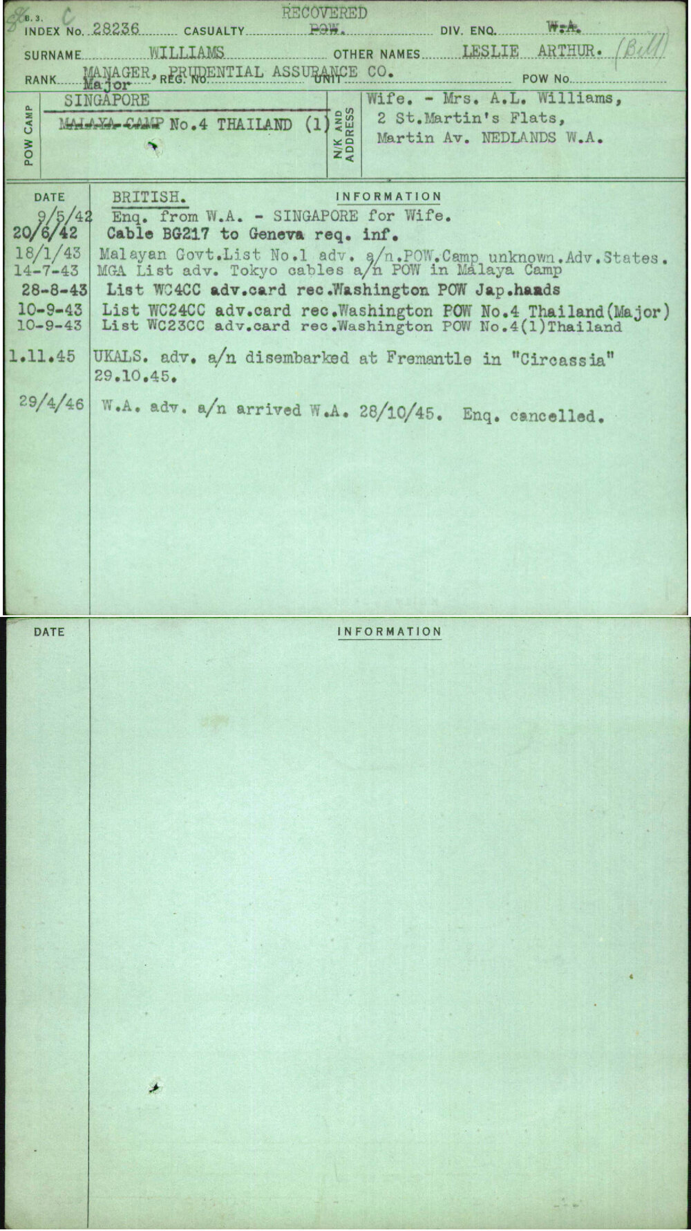 Williams, Leslie Arthur, [No Service Number]