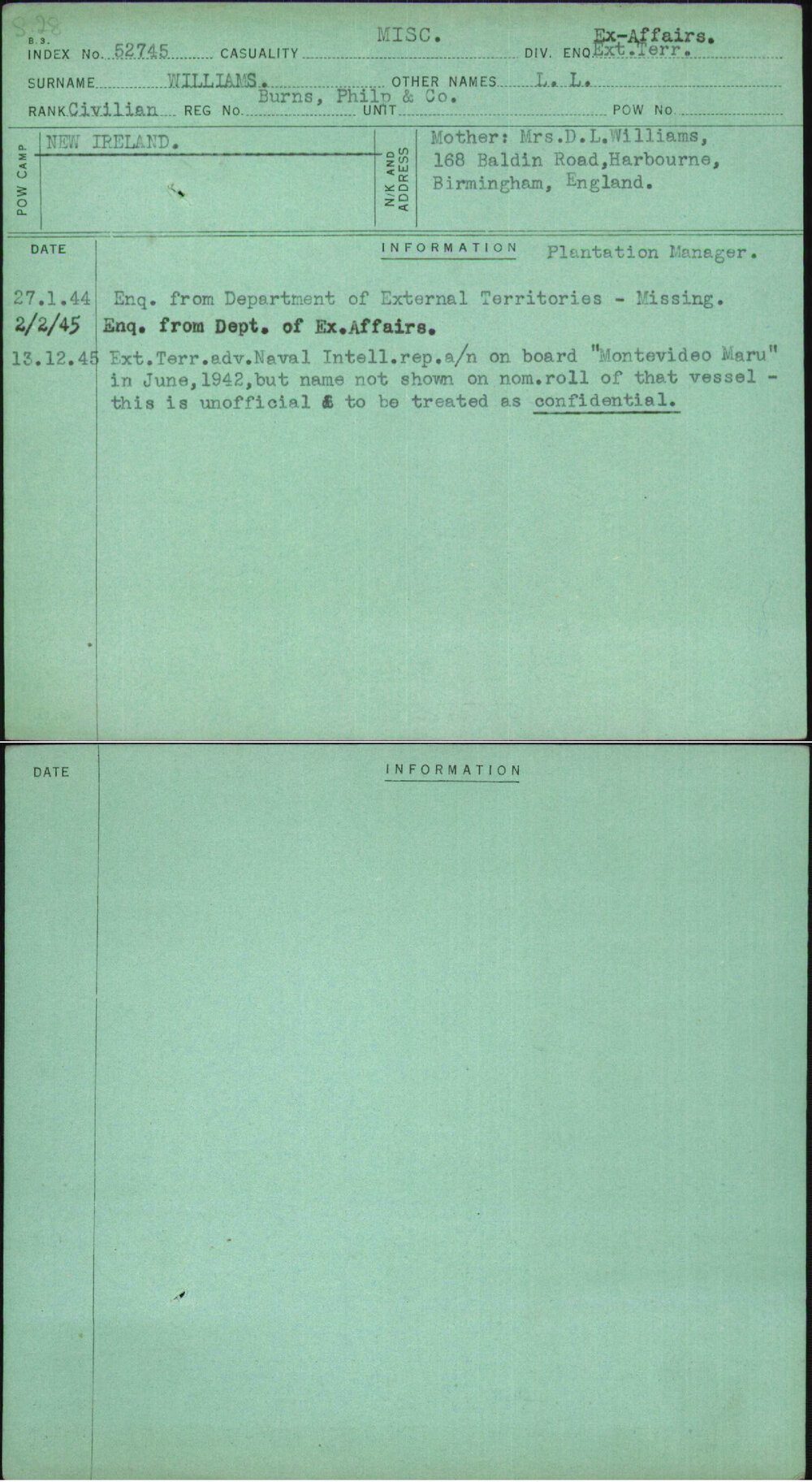Williams, L L, [No Service Number]