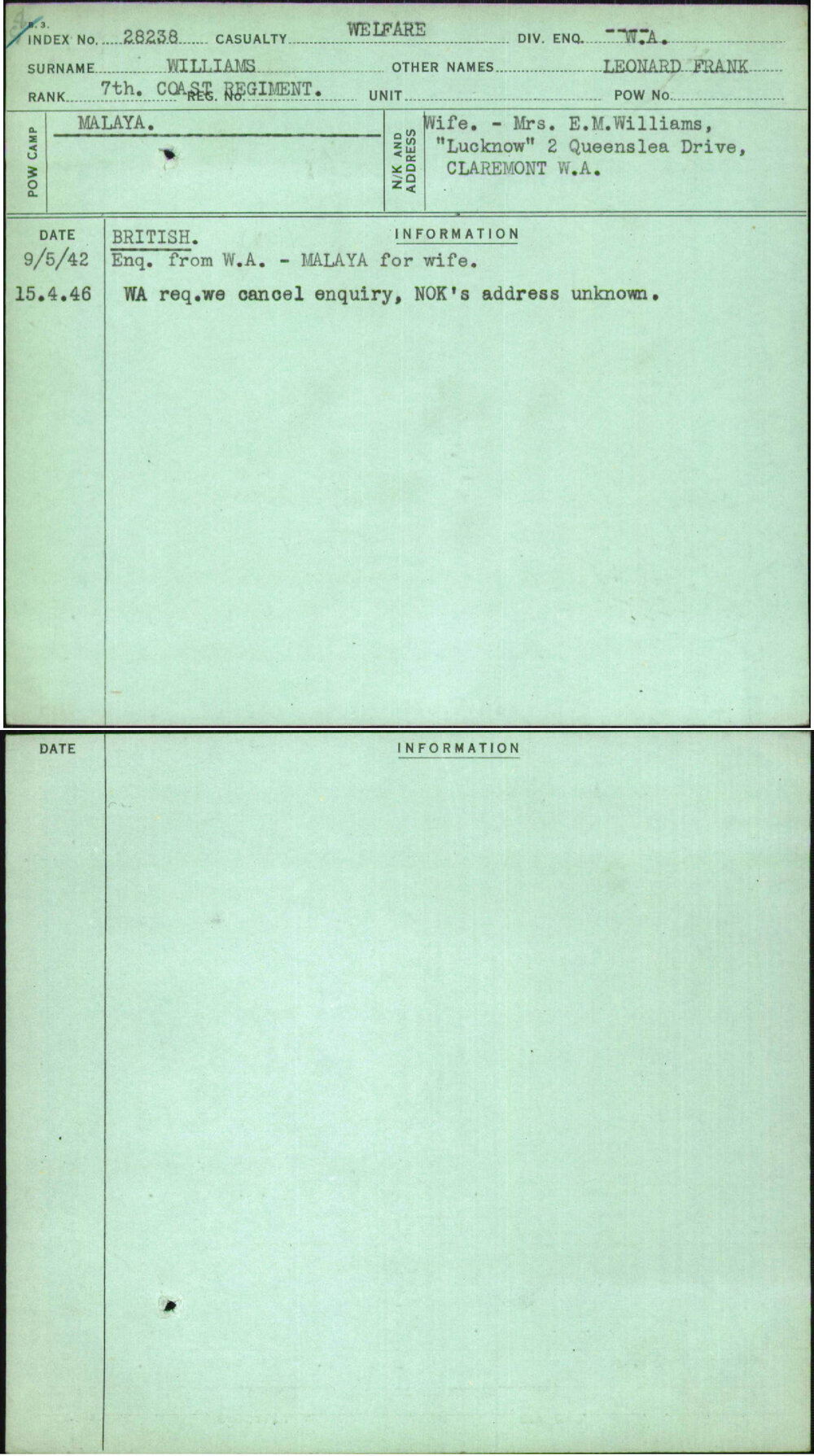 Williams, Leonard Frank, [No Service Number]