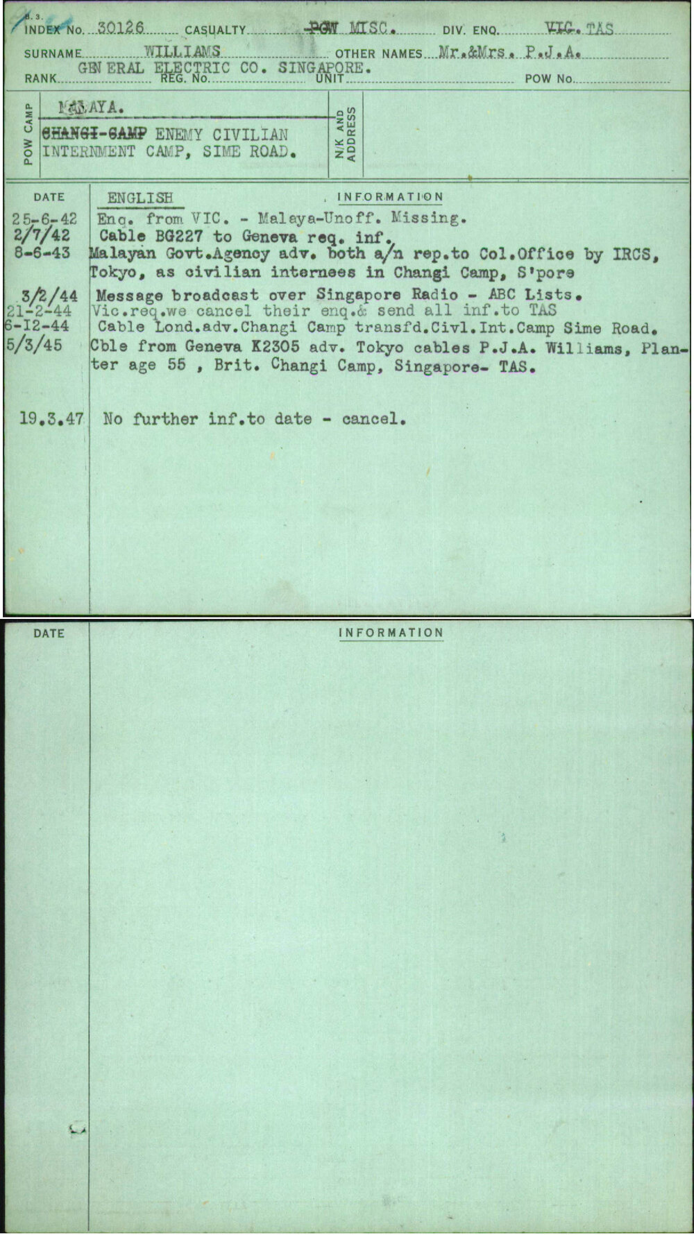Williams, Mr &amp; Mrs P J A, [No Service Number]