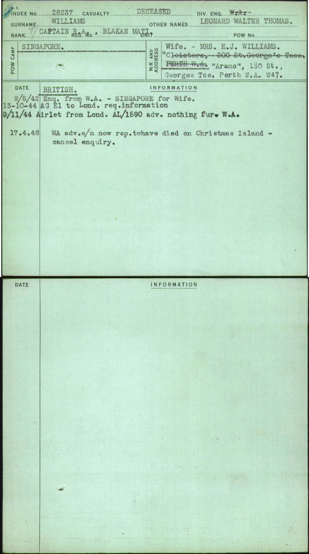 Williams, Leonard Walter Thomas, [No Service Number]