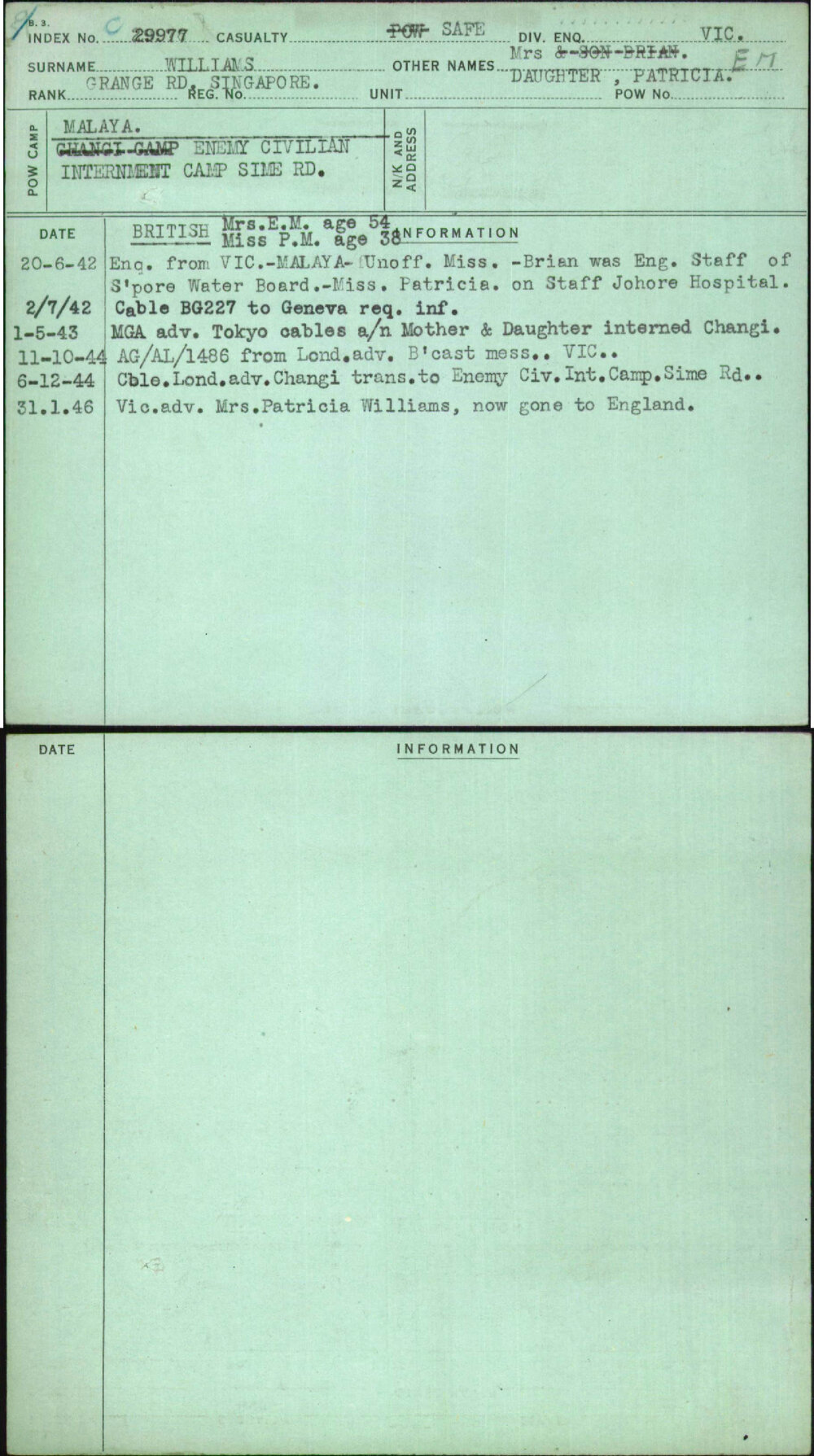 Williams, Mrs E M, [No Service Number]