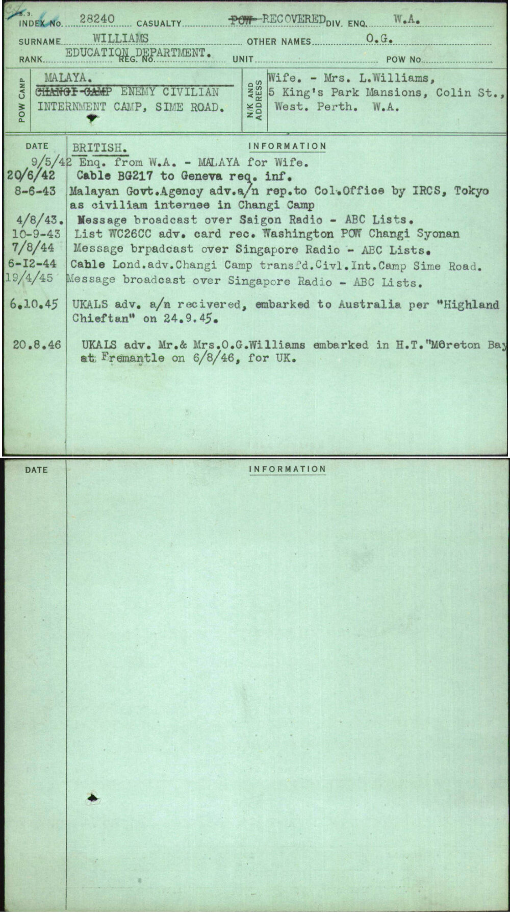 Williams, O G, [No Service Number]