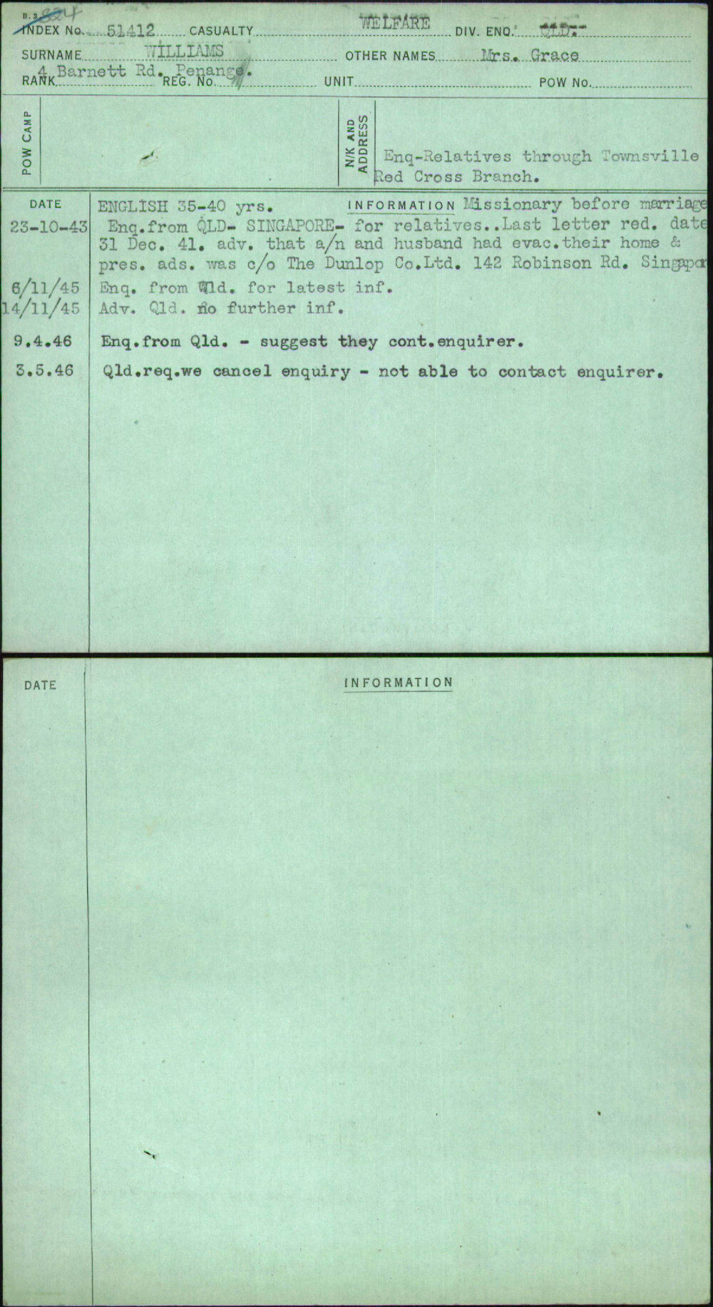 Williams, Mrs Grace, [No Service Number]