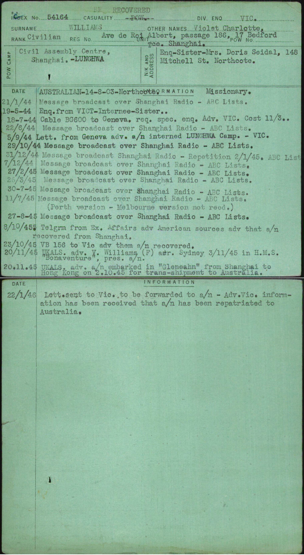 Williams, Violet Charlotte, [No Service Number]