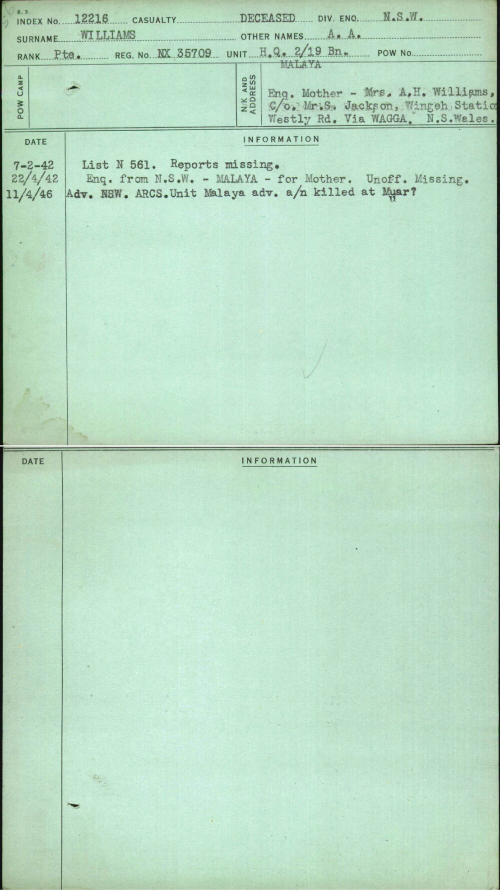 Williams, A A, NX35709