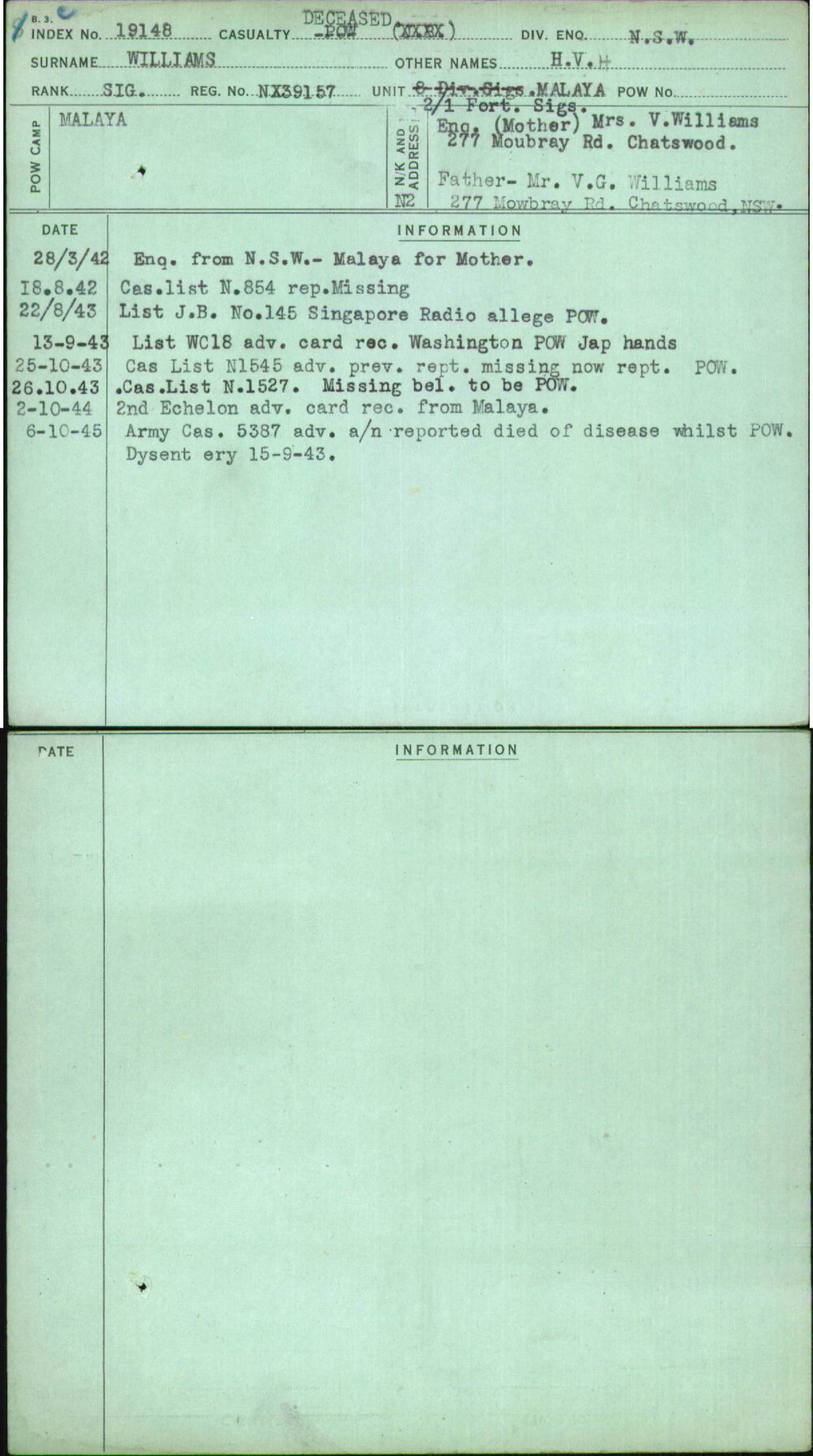 Williams, H V H, NX39157