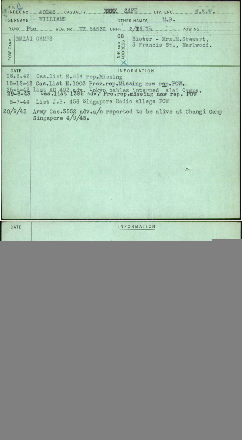 Williams, M B, NX54532