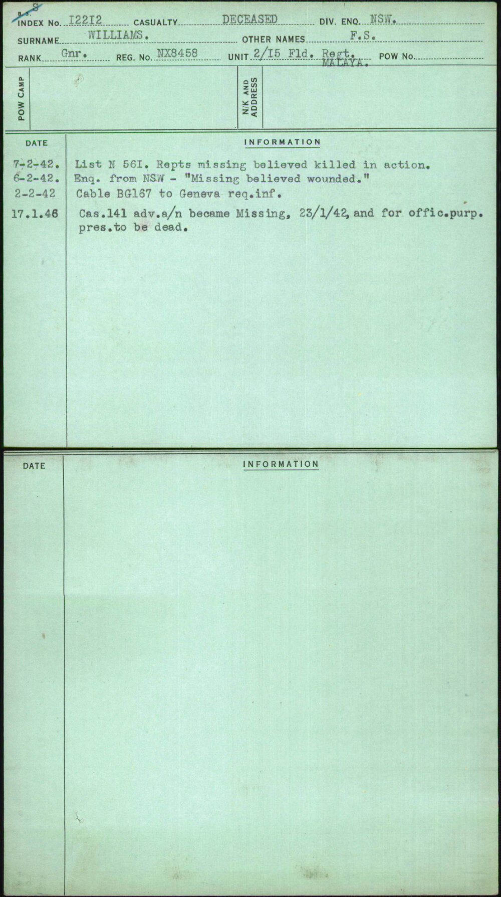 Williams, F S, NX8458