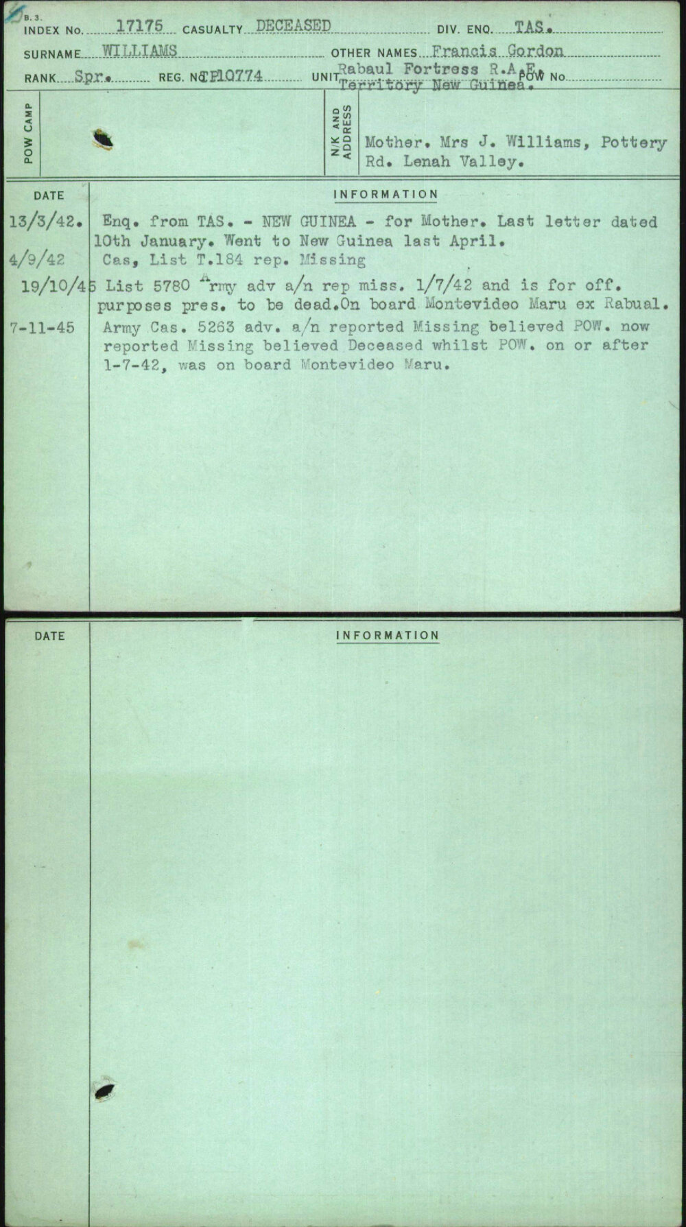 Williams, Francis Gordon, Tp10774