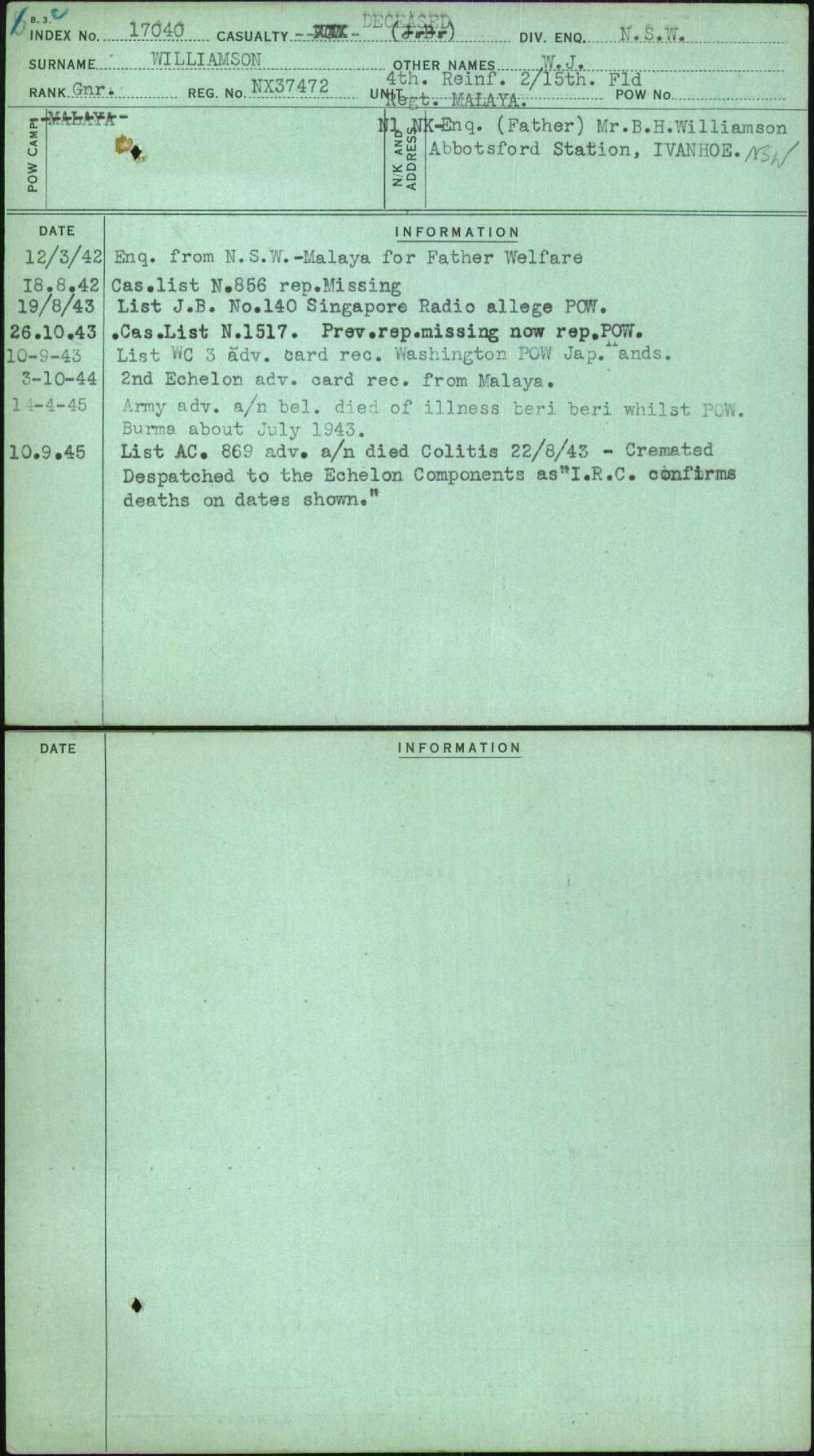 Williamson, W J, NX37472